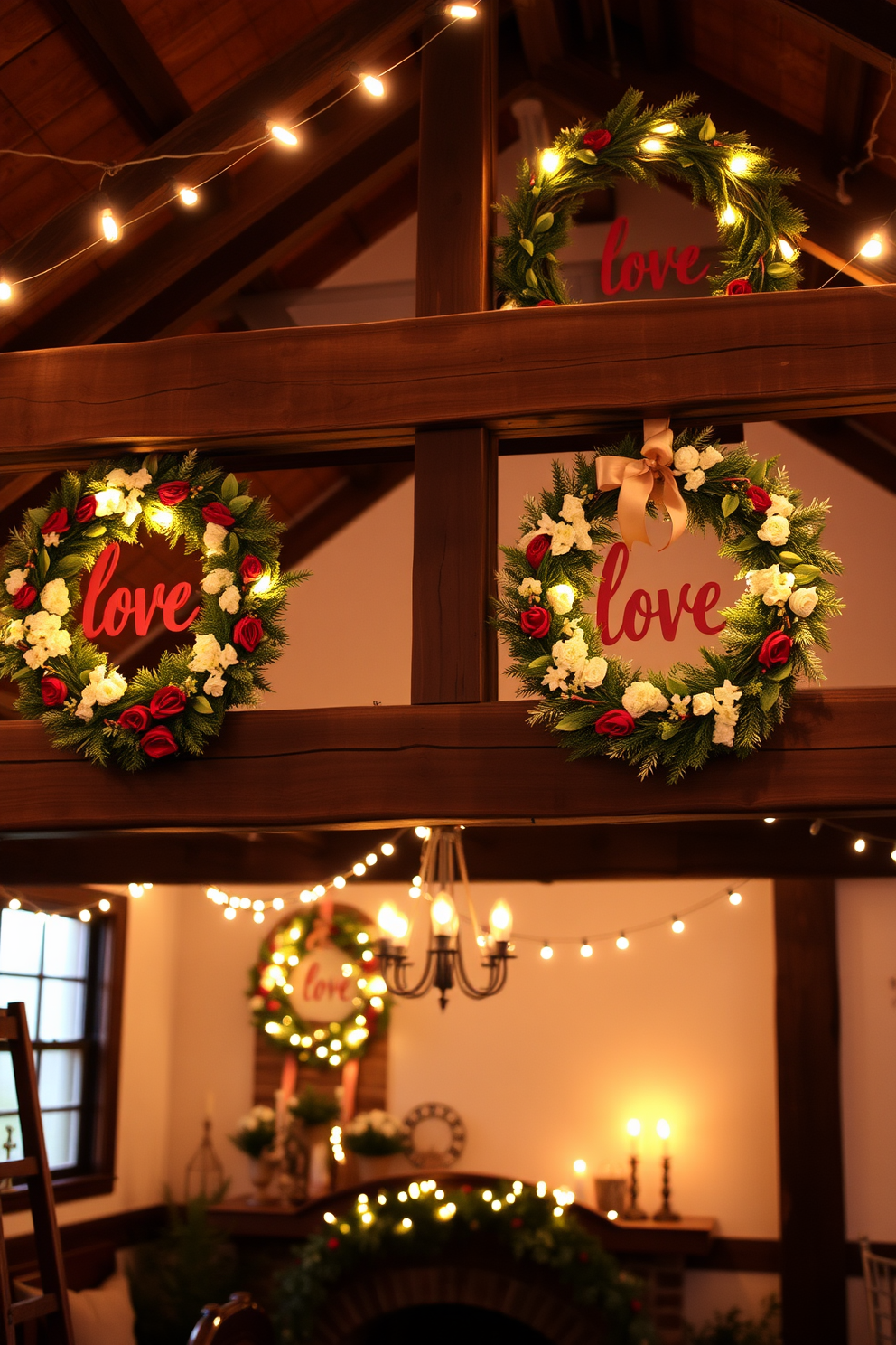 Create a cozy loft space adorned with seasonal wreaths that feature love motifs. The wreaths should be hung on rustic wooden beams, complemented by soft, ambient lighting that enhances the romantic atmosphere.