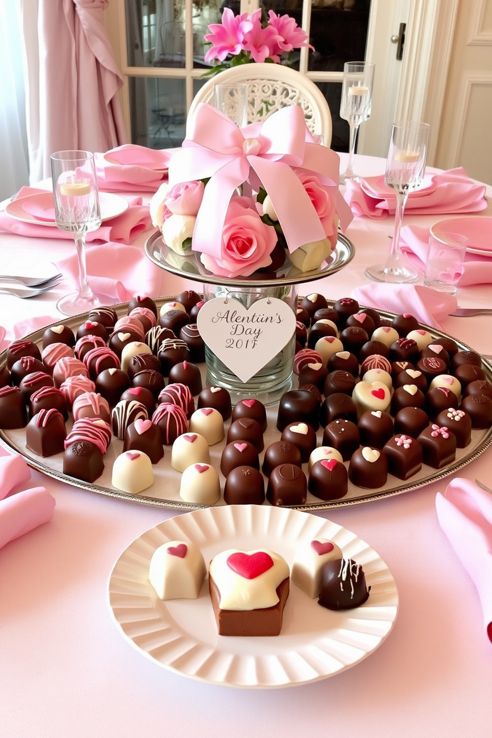 Artisan chocolates arranged in an elegant display. The table is adorned with soft pink and white linens, creating a romantic atmosphere for Valentine's Day.