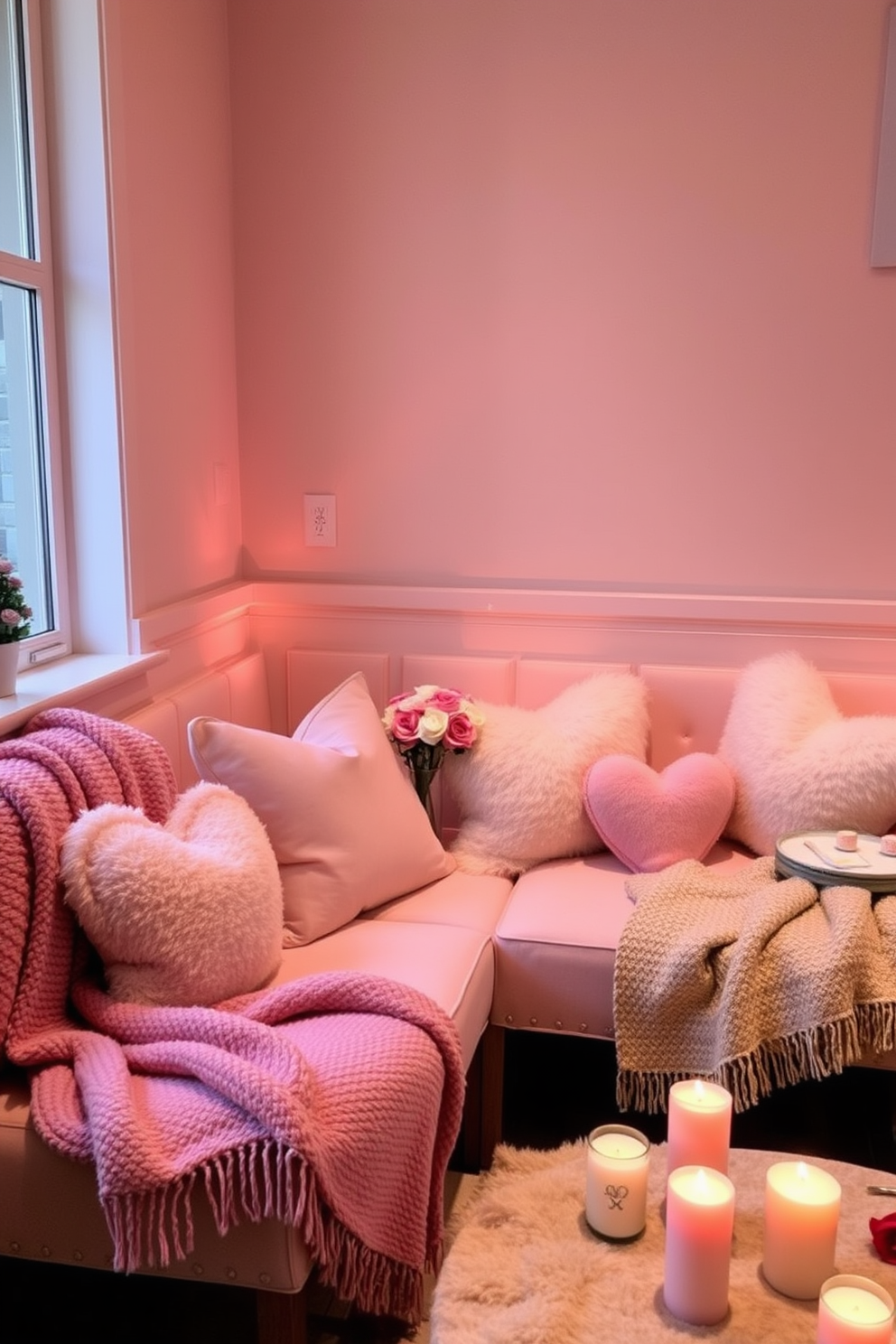 Intimate seating arrangements with plush cushions create a cozy and inviting atmosphere. Soft pastel colors and romantic lighting enhance the warmth of the space. For Valentine's Day, consider using heart-shaped cushions and decorative throws. Add small floral arrangements and candles to create a charming and festive setting.