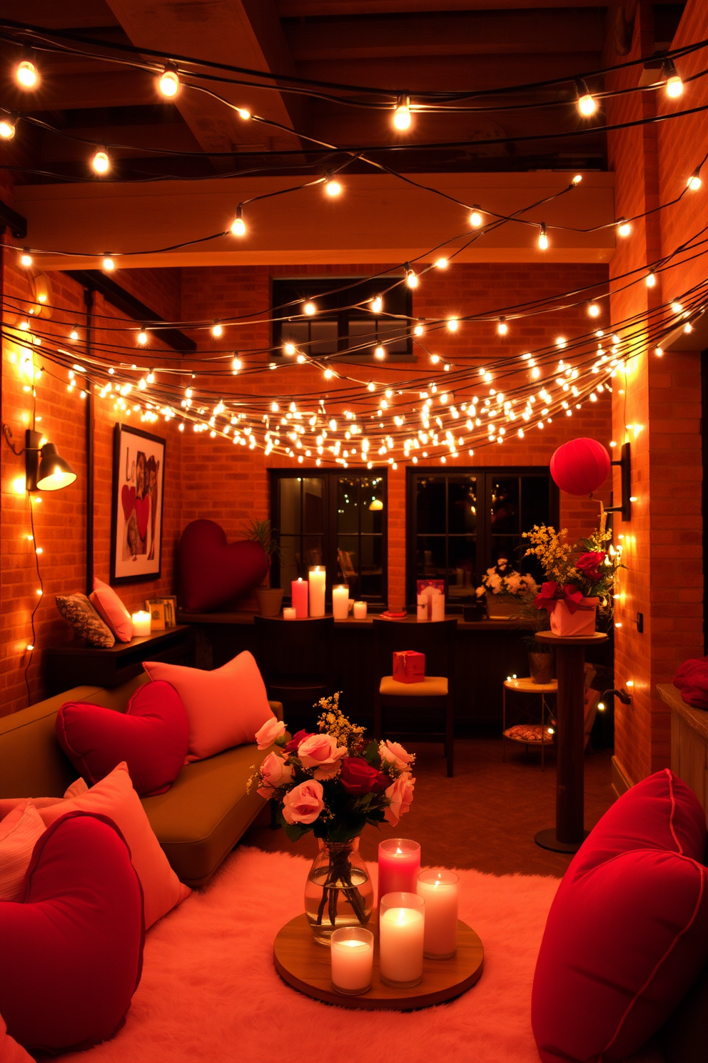 A warm and inviting loft space adorned with bistro lights that create a cozy atmosphere. The soft glow of the lights enhances the romantic ambiance, perfect for a Valentine's Day celebration. Stylish decorations featuring red and pink accents are scattered throughout the space. Heart-shaped pillows and candles add a touch of love, while fresh flowers bring life to the setting.