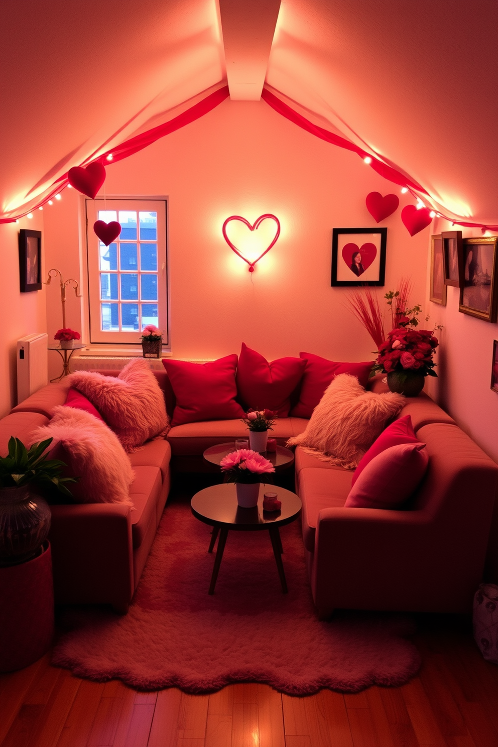 Create a cozy loft space perfect for a romantic evening. Soft lighting illuminates the room, highlighting plush seating and decorative pillows in shades of red and pink. Incorporate elements like heart-shaped decor and fresh flowers to enhance the Valentine's Day theme. A curated music playlist plays softly in the background, setting the mood for intimacy and connection.