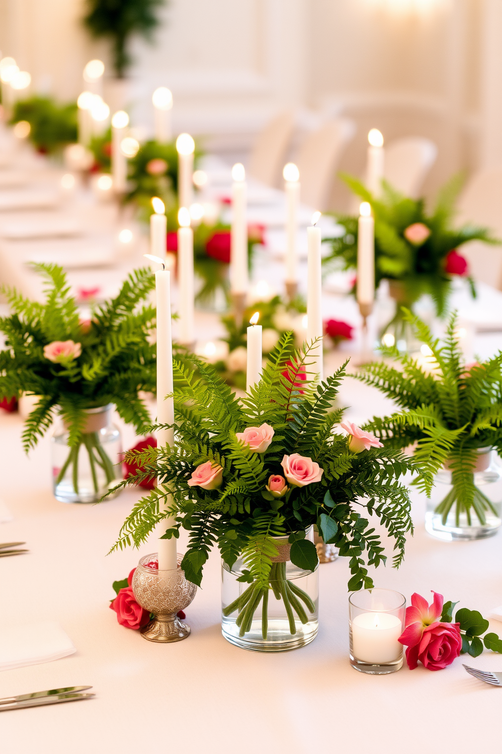 Elegant centerpieces featuring lush greenery are arranged on a long dining table. The table is adorned with white linen runners and soft candlelight to create a romantic atmosphere for Valentine's Day. Incorporate a variety of plants such as ferns and succulents in chic vases for a fresh look. Add delicate floral accents in shades of pink and red to complement the greenery and enhance the festive spirit.