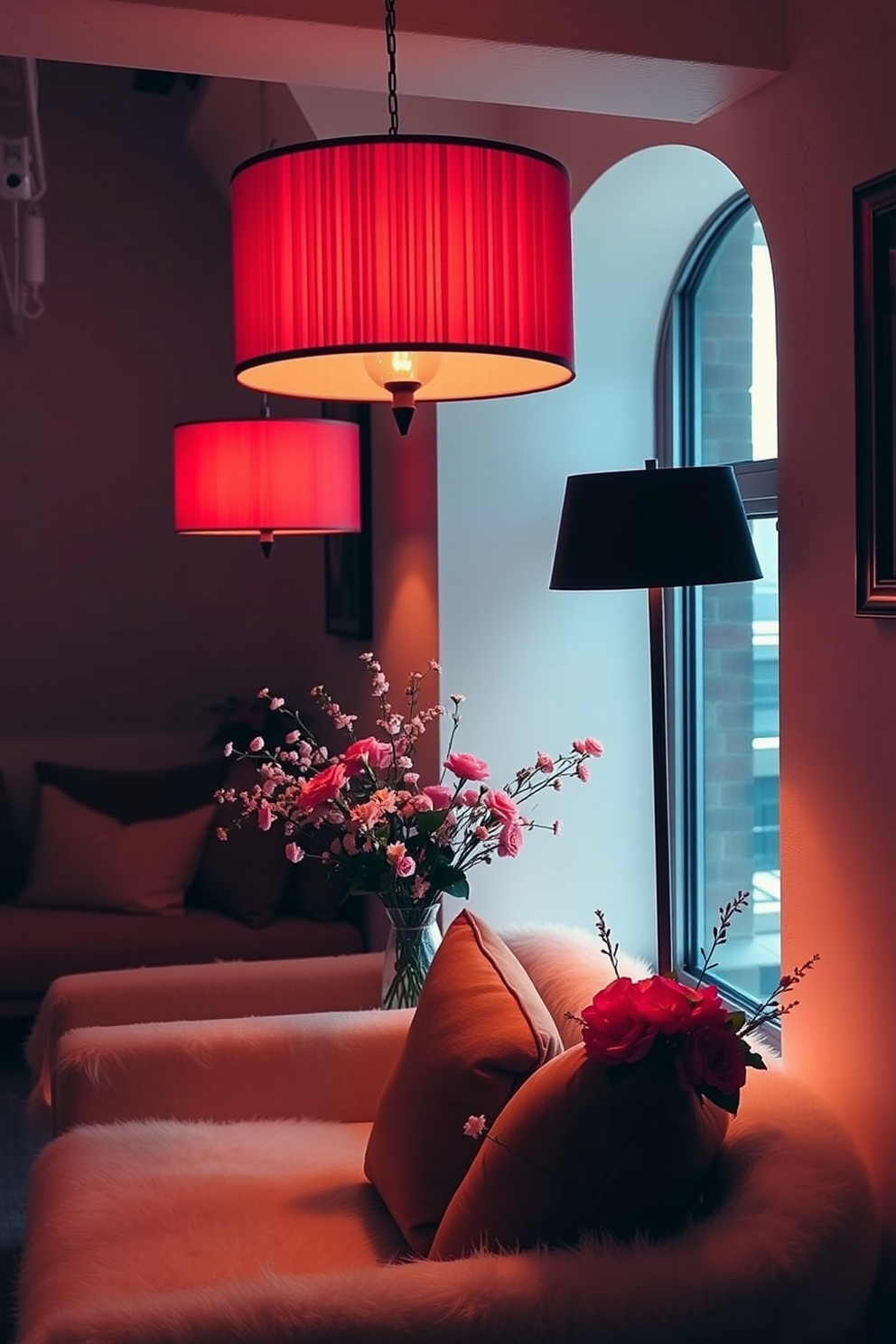 A cozy loft space adorned for Valentine's Day. Soft mood lighting emanates from elegant lampshades, casting a warm glow over plush seating and delicate floral arrangements.