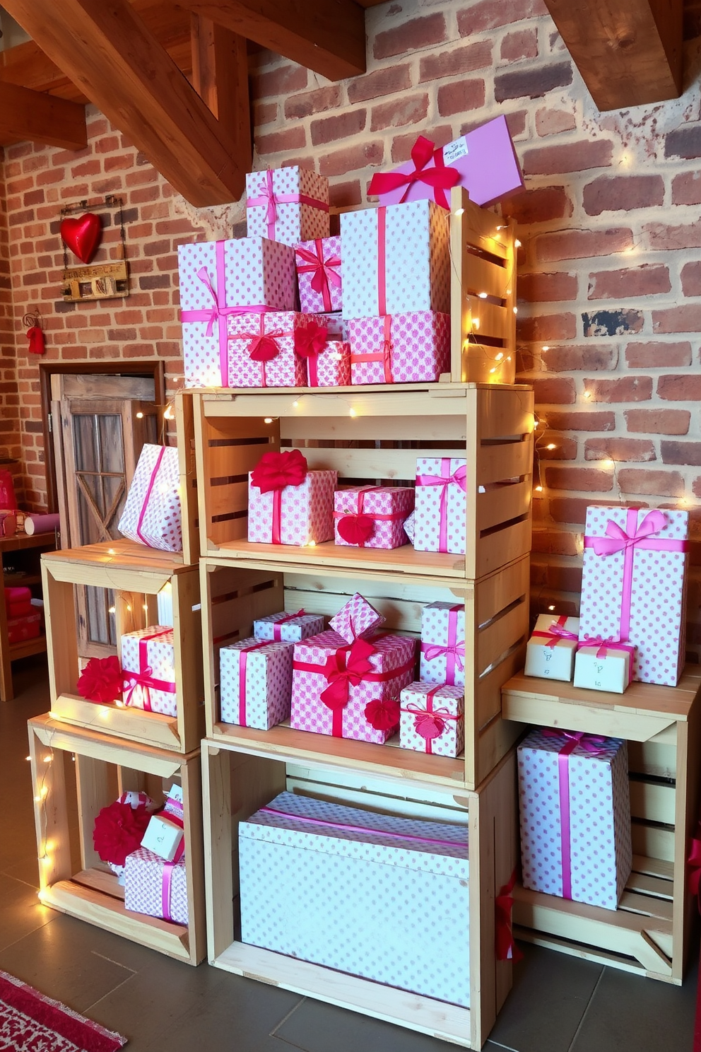 Rustic wooden crates are stacked creatively to display an assortment of beautifully wrapped gifts. The setting is enhanced with soft fairy lights draped around the crates, creating a warm and inviting atmosphere. The backdrop features a cozy, rustic wall with exposed brick and wooden beams. Accents of red and pink in the decorations complement the Valentine's Day theme, adding a touch of romance to the overall design.