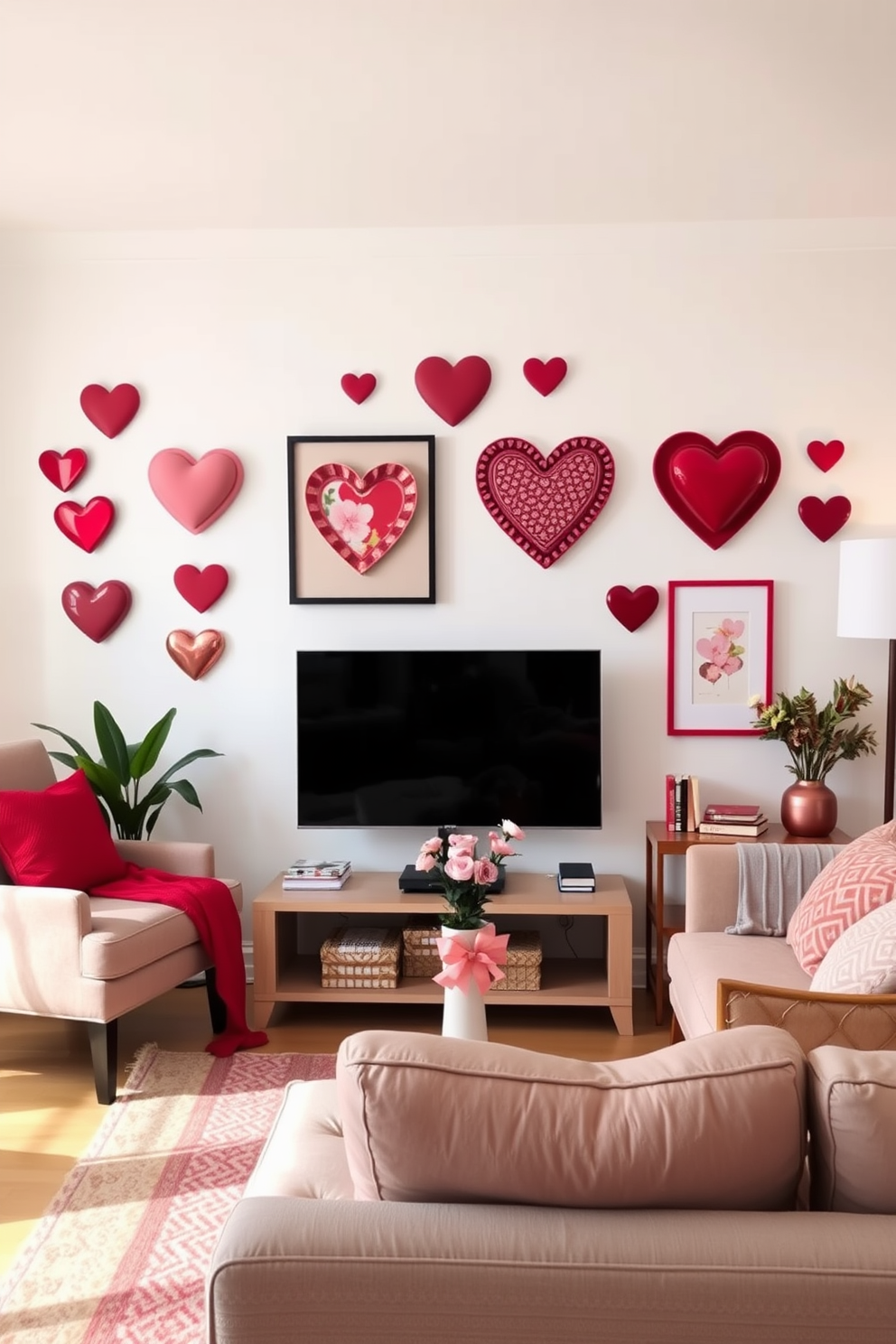 A cozy living space adorned with heart-shaped wall art that captures the essence of Valentine's Day. The art pieces are arranged in a playful yet elegant manner, creating a romantic atmosphere that invites warmth and affection.