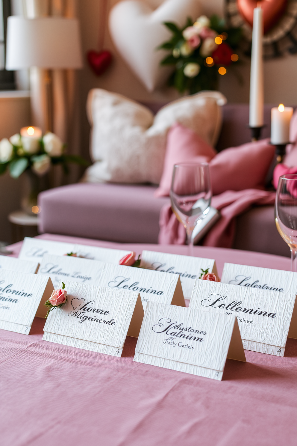 Custom place cards for dinner guests featuring elegant calligraphy on textured cardstock. Each card is adorned with a small floral arrangement that complements the table setting. Loft Valentines Day decorating ideas with soft ambient lighting and cozy textiles. Incorporate romantic elements like heart-shaped pillows and candle arrangements to create an intimate atmosphere.