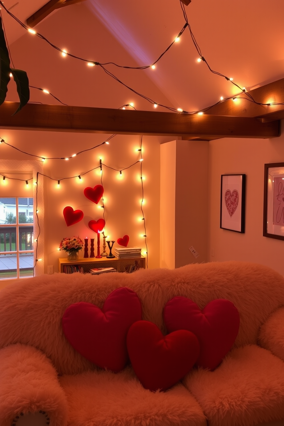 A cozy loft space adorned with string lights that cast a warm, inviting glow throughout the room. The decorations for Valentine's Day include heart-shaped pillows on a plush sofa and romantic artwork on the walls.