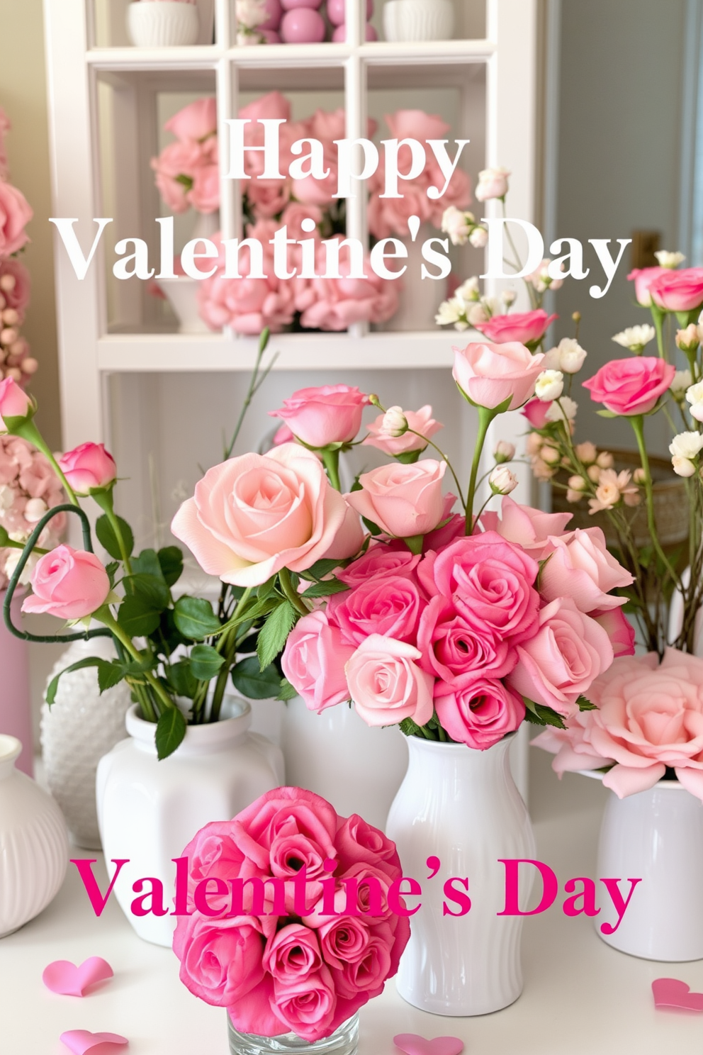 Floral arrangements featuring pink roses are artfully arranged in various vases. The decor incorporates soft pastel colors, creating a romantic and inviting atmosphere for Valentine's Day.