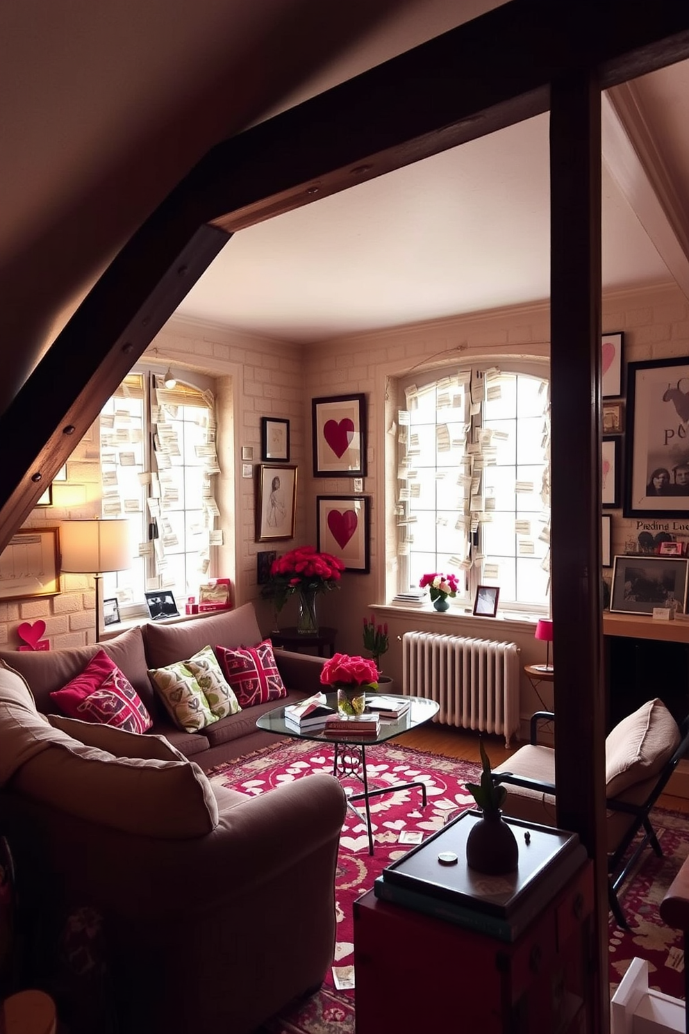 A cozy loft space filled with vintage love letters artfully arranged as decor. The letters are framed and hung on the walls, creating a romantic atmosphere perfect for Valentine's Day.