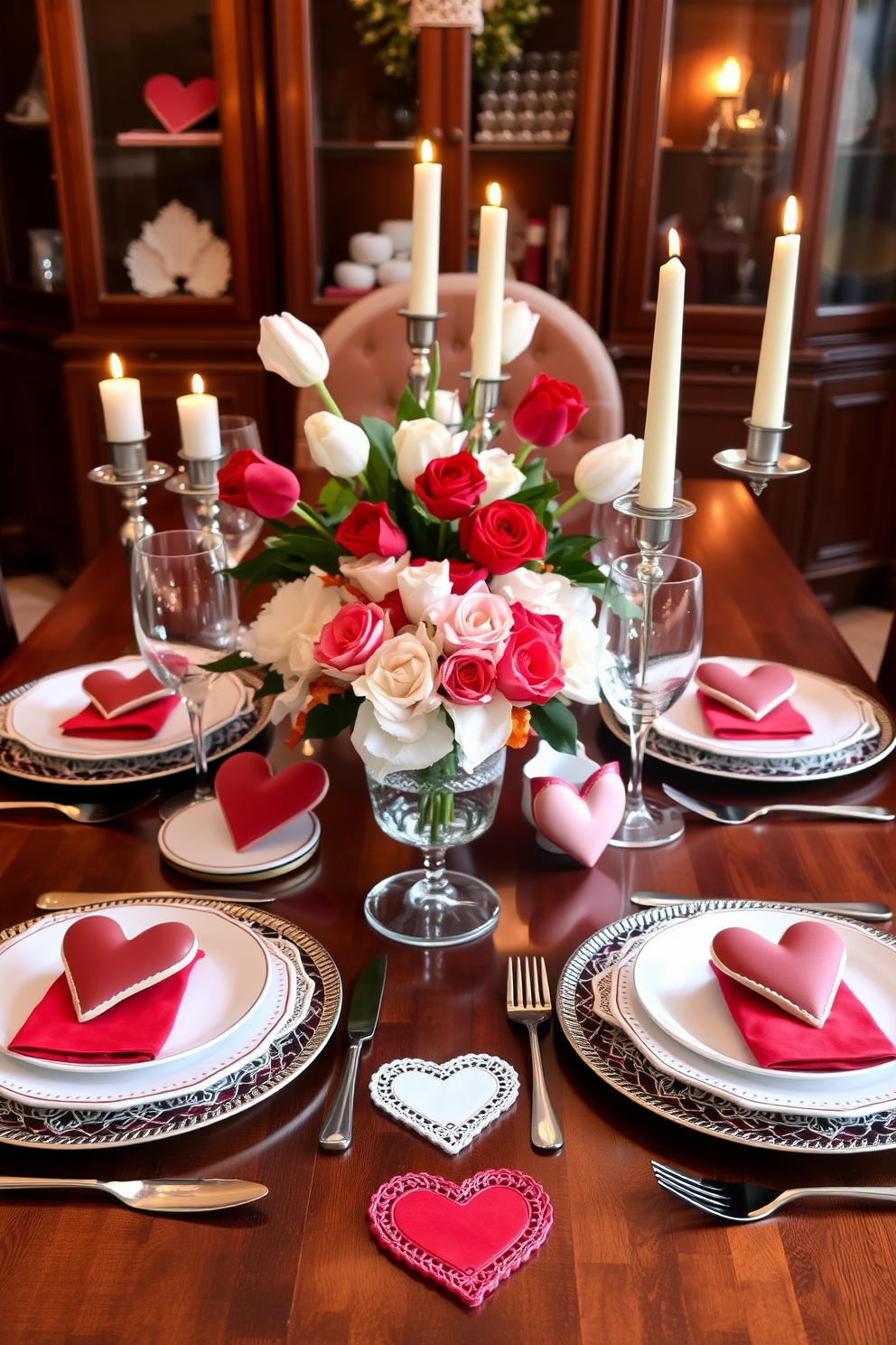 Chic red and white tableware is elegantly arranged on a polished wooden dining table. The centerpiece features a stunning floral arrangement with roses and tulips, complemented by soft candlelight from stylish candlesticks. Valentine's Day decorations include heart-shaped accents and delicate lace table runners. The overall ambiance is romantic and inviting, perfect for a memorable celebration.