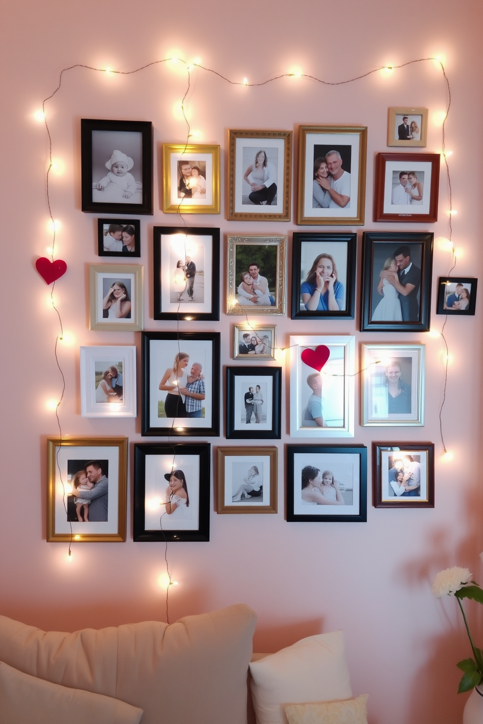 A personalized photo wall filled with cherished memories. The display features an eclectic mix of framed pictures in various sizes, arranged artistically on a soft pastel-colored wall. Incorporate romantic touches for Valentine's Day with heart-shaped decor. Soft fairy lights weave through the frames, creating a warm and inviting atmosphere.