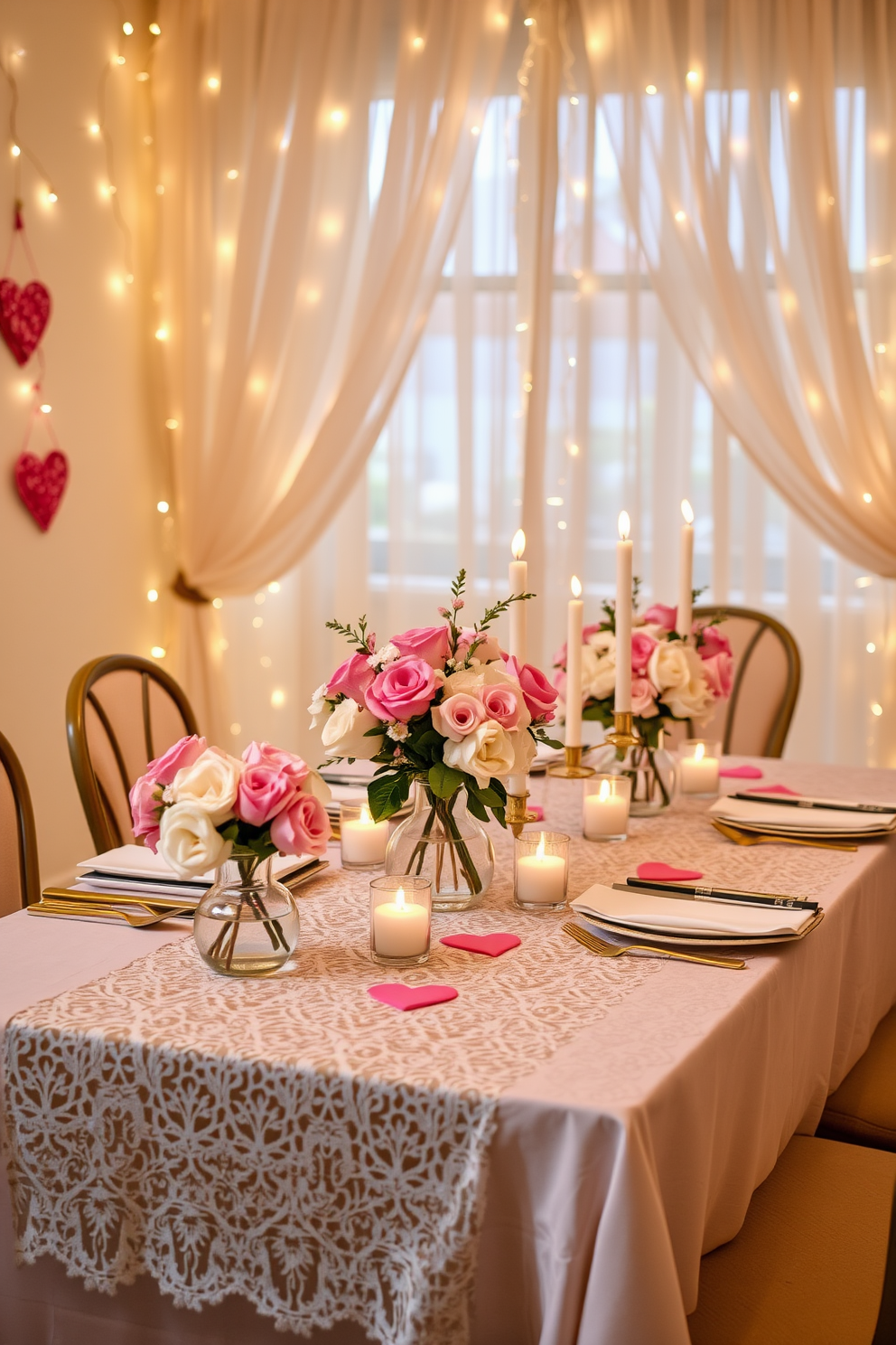 Create a romantic dining setting featuring elegant lace table runners draped across a beautifully set table. The table is adorned with soft pink and white flowers in delicate vases, complemented by flickering candlelight for a warm ambiance. Incorporate heart-shaped decorations and subtle hints of gold to enhance the Valentine's Day theme. The backdrop includes soft, draping curtains and twinkling fairy lights to create an enchanting atmosphere.