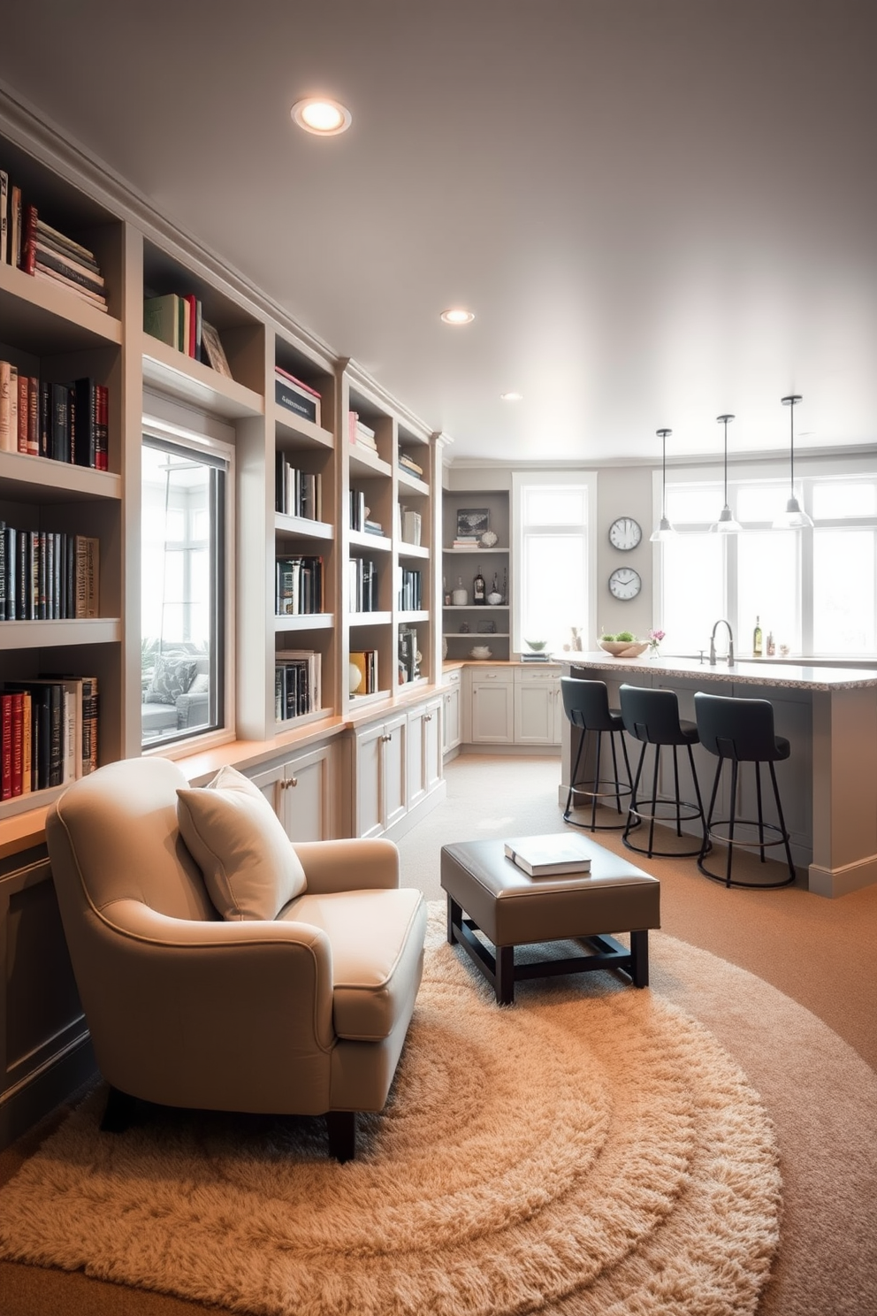 Cozy reading nook with built-in shelves. A plush armchair is positioned next to a large window, allowing natural light to flood the space. The walls are lined with built-in shelves filled with books and decorative items. A soft area rug lies beneath the chair, creating a warm and inviting atmosphere. Long basement design ideas. The space features an open layout with a comfortable lounge area furnished with a sectional sofa and a coffee table. In one corner, a home bar is set up with stylish stools and shelves stocked with spirits. The walls are painted in a light color to enhance brightness, and recessed lighting adds a modern touch.