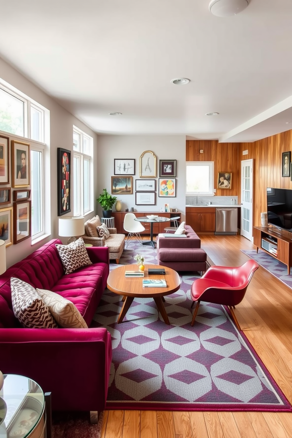 A vintage lounge featuring retro furniture pieces. The room is adorned with a plush velvet sofa in deep burgundy, complemented by a geometric patterned area rug. A mid-century coffee table sits in the center, surrounded by iconic Eames chairs. The walls are painted in a soft pastel hue, and a collection of vintage art pieces hangs in stylish frames. Long basement design ideas that maximize space and functionality. The area includes a cozy seating nook with a sectional sofa and a built-in entertainment center for movie nights. Natural light filters in through large windows, and the walls are decorated with warm wood paneling. A small kitchenette is tucked away in one corner, perfect for entertaining guests.