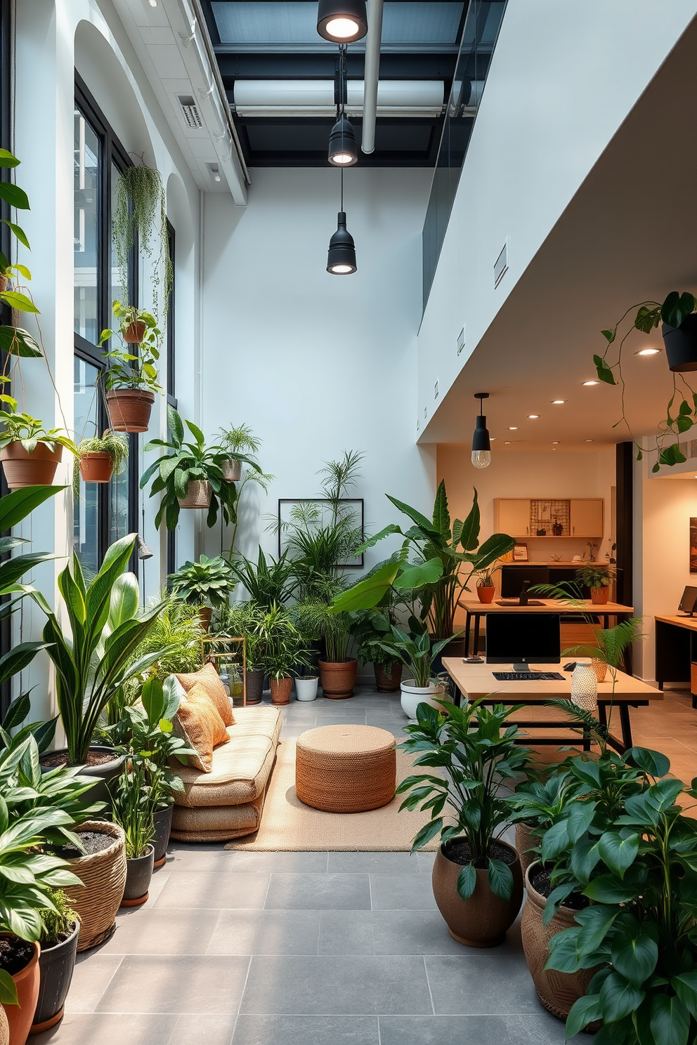 An indoor garden filled with a variety of potted plants in different sizes creates a lush and vibrant atmosphere. Comfortable seating made of natural materials is arranged to encourage relaxation and connection with nature. The long basement features a modern design with an open layout that maximizes space. Stylish lighting fixtures illuminate the area, highlighting a cozy lounge section and a functional workspace.