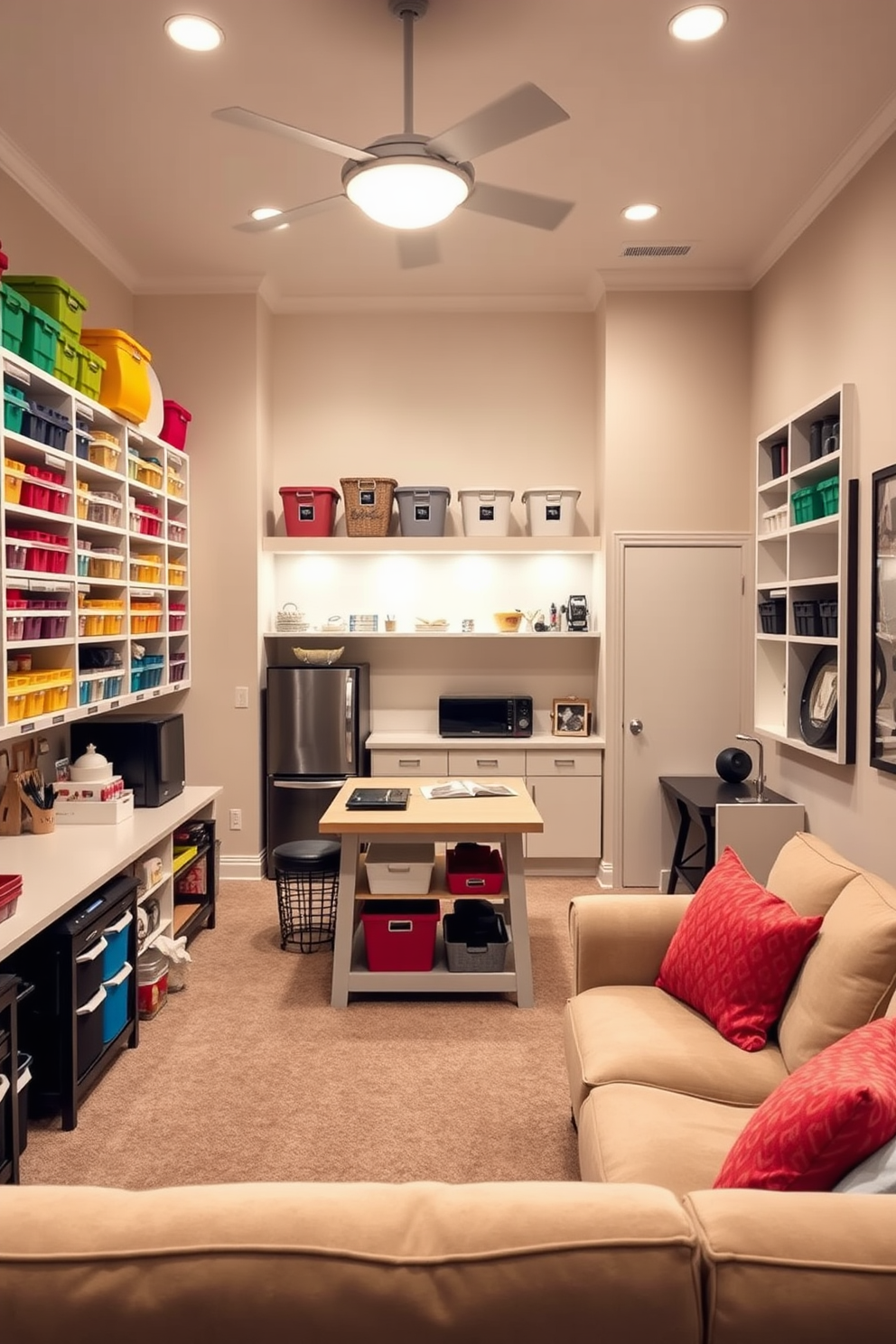 A bright and inviting craft room filled with organized storage solutions. Shelves lined with colorful bins and neatly labeled containers showcase a variety of supplies while a large worktable in the center provides ample space for creativity. A cozy basement designed for relaxation and entertainment. Soft lighting illuminates a comfortable seating area with plush sofas, while a small kitchenette and game area enhance the space for family gatherings.