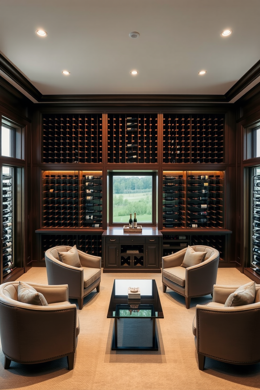 An elegant wine cellar featuring custom wooden racks that hold an extensive collection of fine wines. The walls are adorned with rich mahogany paneling, and soft ambient lighting creates a warm and inviting atmosphere. The basement design incorporates spacious seating areas with plush armchairs and a sleek coffee table for entertaining guests. Large windows provide natural light, enhancing the overall elegance of the space while offering views of the surrounding landscape.