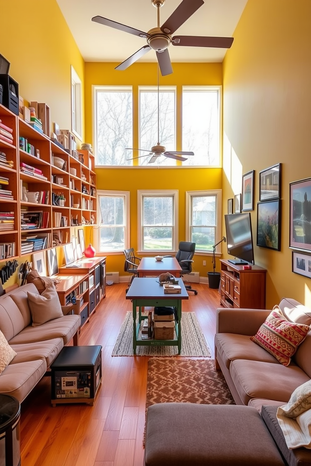 A cozy multi-purpose room dedicated to hobbies and crafts. It features a large worktable in the center surrounded by organized shelves filled with art supplies and tools. The walls are painted in a bright and cheerful color to inspire creativity. Large windows allow natural light to flood the space, enhancing the vibrant atmosphere. A long basement designed for relaxation and entertainment. It includes a comfortable seating area with plush sofas and a large screen for movie nights. The walls are adorned with artwork and the flooring is a warm hardwood, creating an inviting ambiance. A small kitchenette is tucked in one corner for convenience during gatherings.