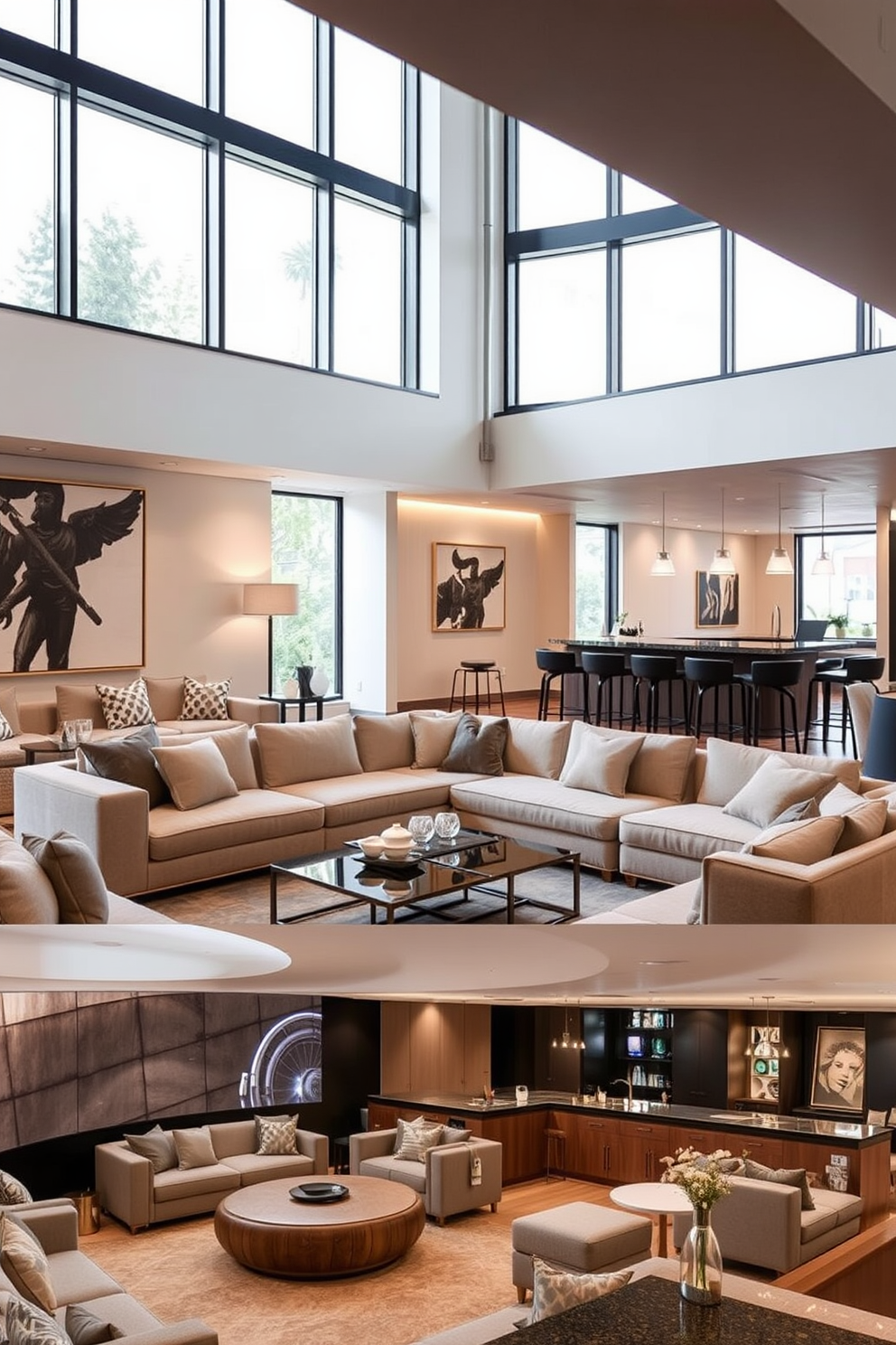 A contemporary lounge featuring plush sectional sofas in a neutral color palette. Large windows allow natural light to fill the space, highlighting a sleek coffee table and modern art pieces on the walls. A stylish basement designed for relaxation and entertainment. The area includes a cozy seating arrangement, a bar with high stools, and ambient lighting that sets a warm and inviting atmosphere.