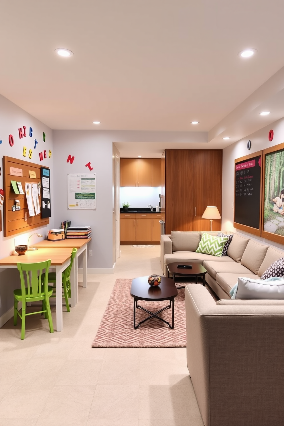 A bright and inviting kids homework area features two study desks positioned side by side. The walls are adorned with colorful wall decals, and a large bulletin board displays their artwork and schedules. The long basement design includes a cozy lounge area with a sectional sofa and a coffee table. Soft lighting from recessed fixtures creates a warm ambiance, while a small kitchenette is tucked away in one corner for snacks and drinks.