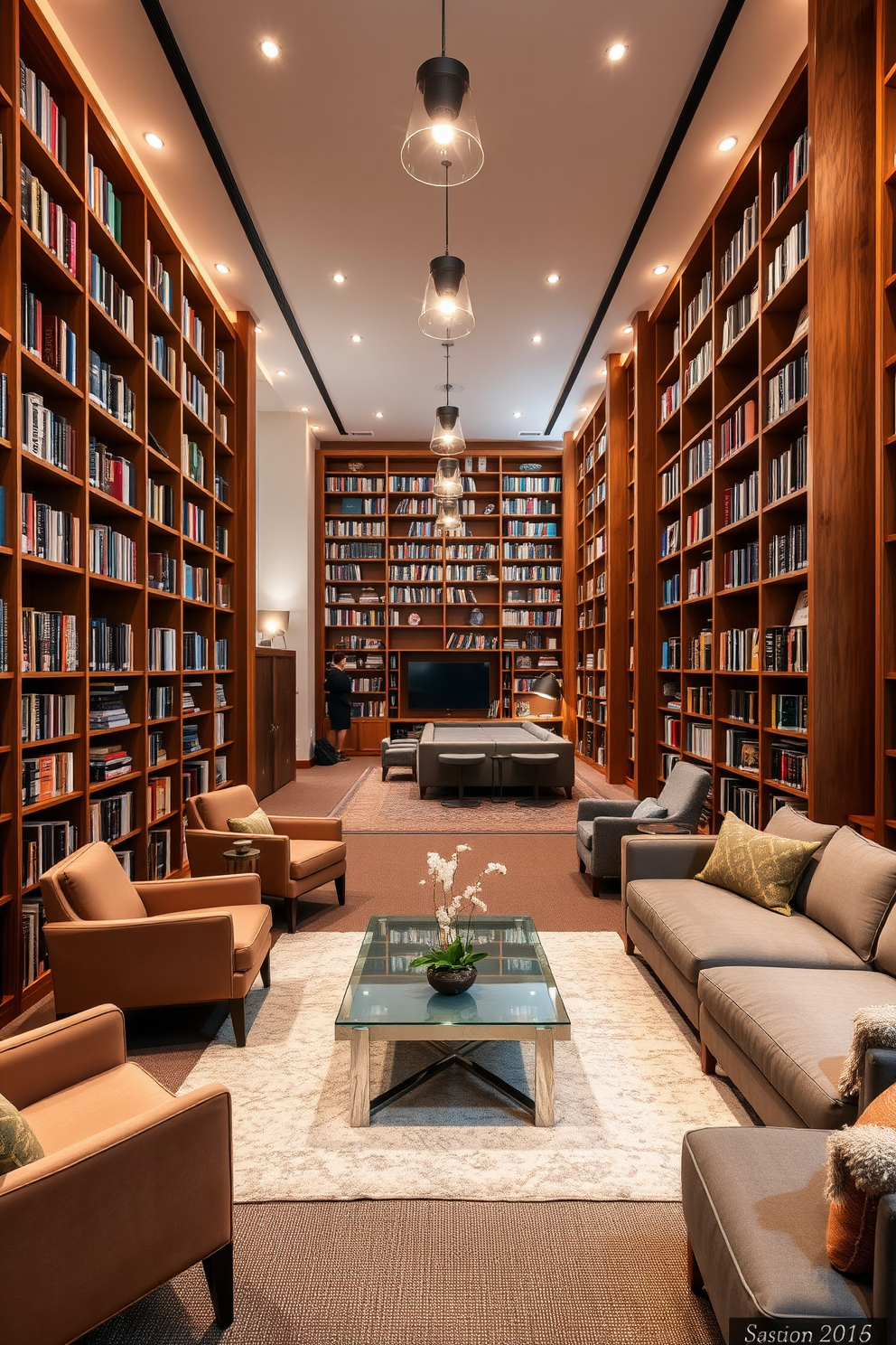 A warm and inviting library features plush armchairs and a soft area rug in the center. Surrounding the seating area, tall wooden bookshelves are filled with an array of colorful books, creating a cozy atmosphere. The long basement design includes a spacious entertainment area with a large sectional sofa and a sleek coffee table. Soft lighting fixtures hang from the ceiling, illuminating the space while maintaining a relaxed ambiance.