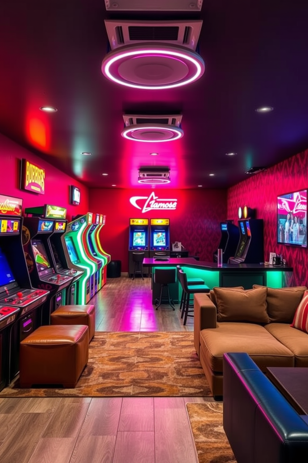 A vibrant game zone filled with classic arcade machines lining the walls. Neon lights illuminate the space, creating an energetic atmosphere with comfortable seating areas for players. A stylish long basement designed for relaxation and entertainment. The layout includes a cozy lounge area with plush sofas, a bar with high stools, and a home theater setup for movie nights.