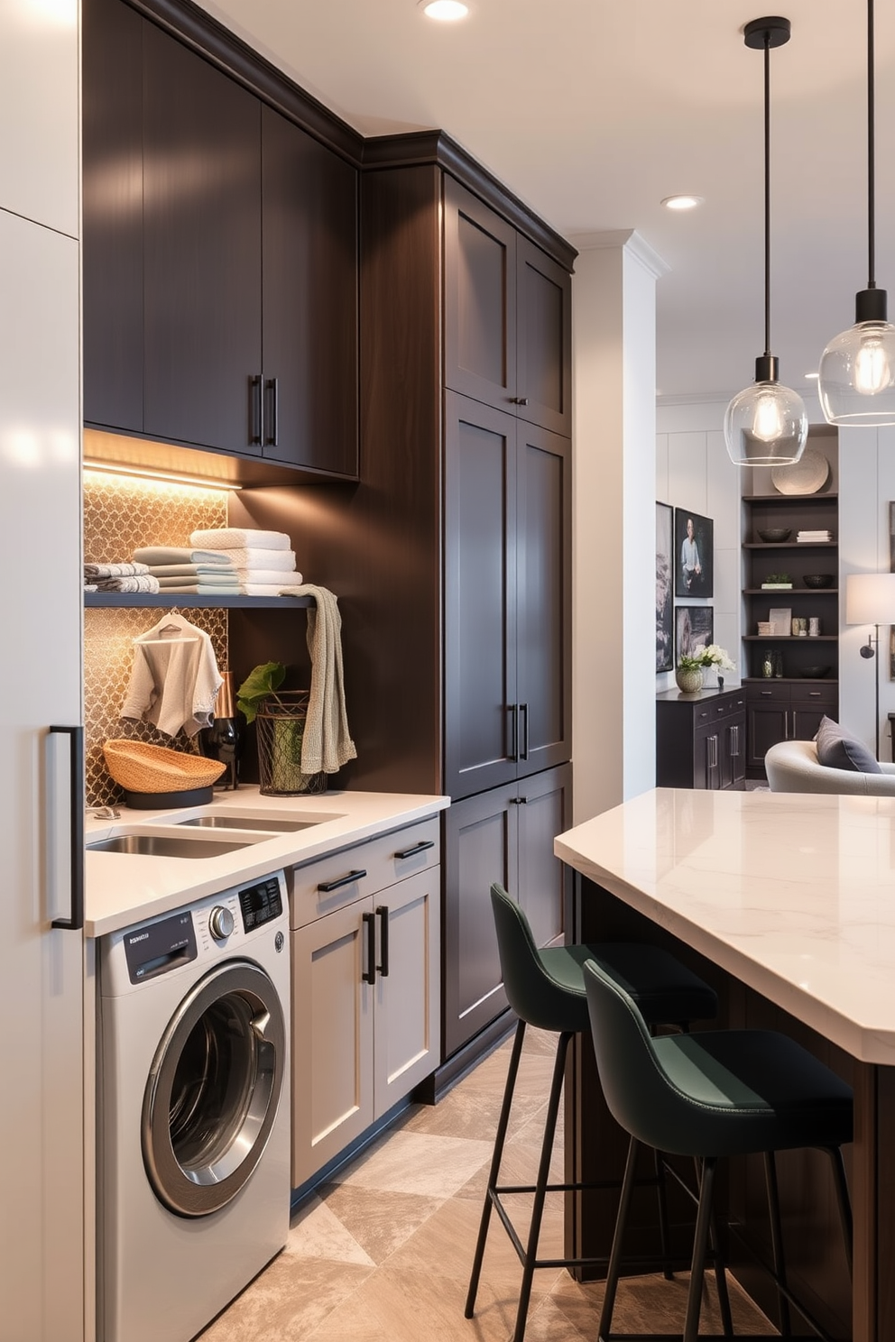 A modern laundry room featuring sleek cabinetry and stylish storage solutions. The space is equipped with a large countertop for folding clothes and a spacious sink for hand-washing delicate items. The long basement design incorporates a cozy lounge area with comfortable seating and ambient lighting. A custom bar with high stools complements the entertainment space, while ample storage keeps the area organized and functional.