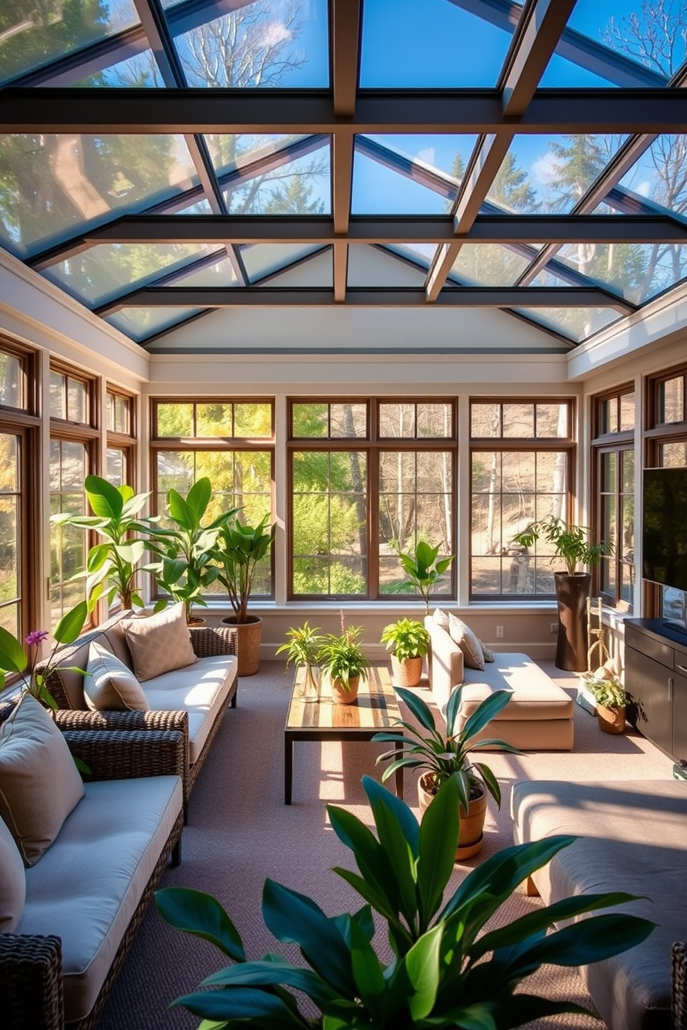 Bright sunroom with large windows. The space is filled with natural light, showcasing a cozy seating area with plush cushions and a coffee table surrounded by vibrant indoor plants. Long basement design ideas. The layout features a multifunctional space that includes a home theater area with comfortable seating and a small kitchenette for entertaining guests.