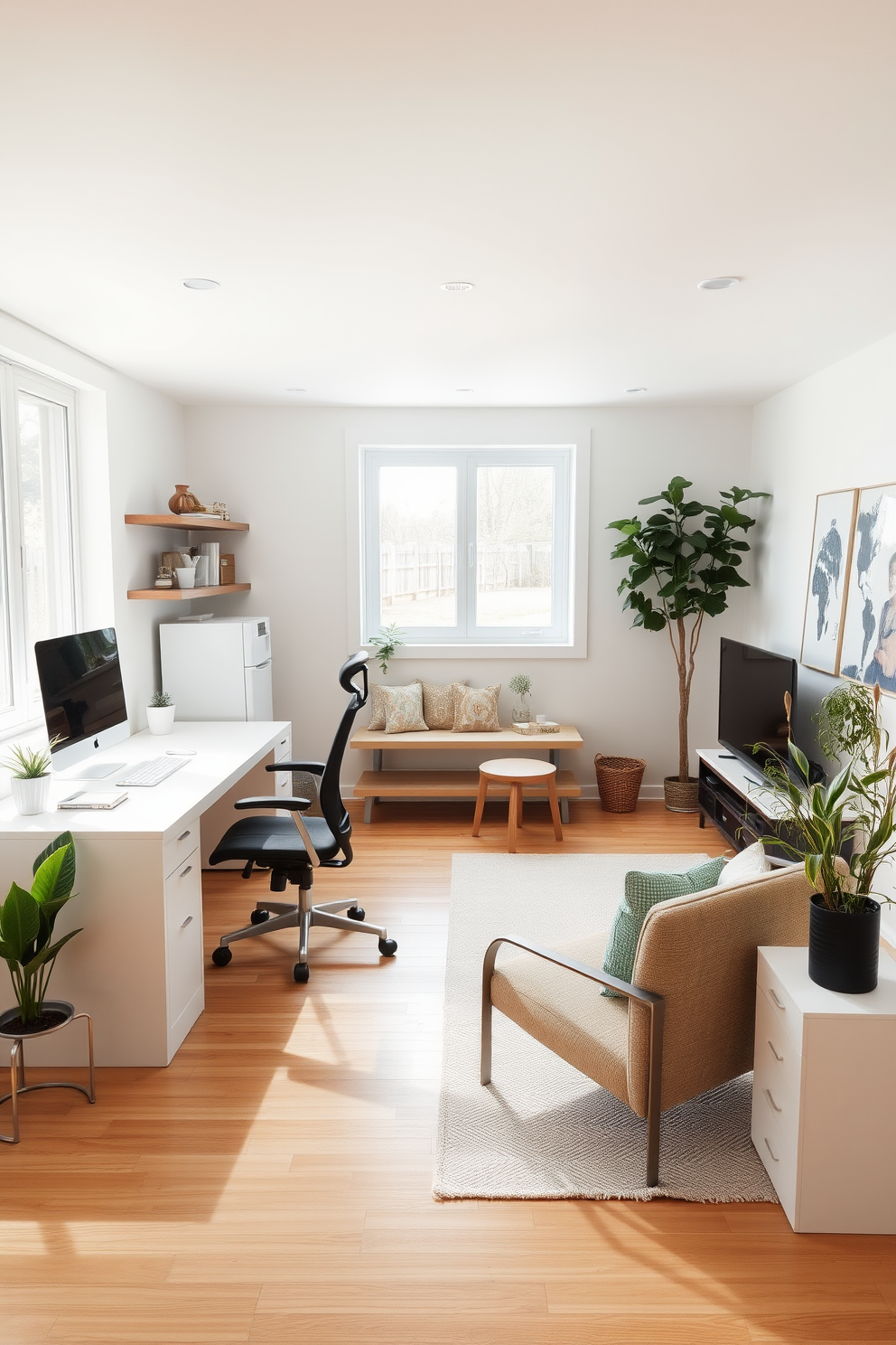 A minimalist workspace with sleek design features a large white desk with clean lines and a comfortable ergonomic chair. Natural light floods the room through a large window, illuminating the simple decor and a few carefully chosen plants. Long basement design ideas include an open layout that maximizes space with a cozy seating area and a small kitchenette. The walls are painted in a light neutral color, and the flooring is a warm wood tone, creating an inviting atmosphere.