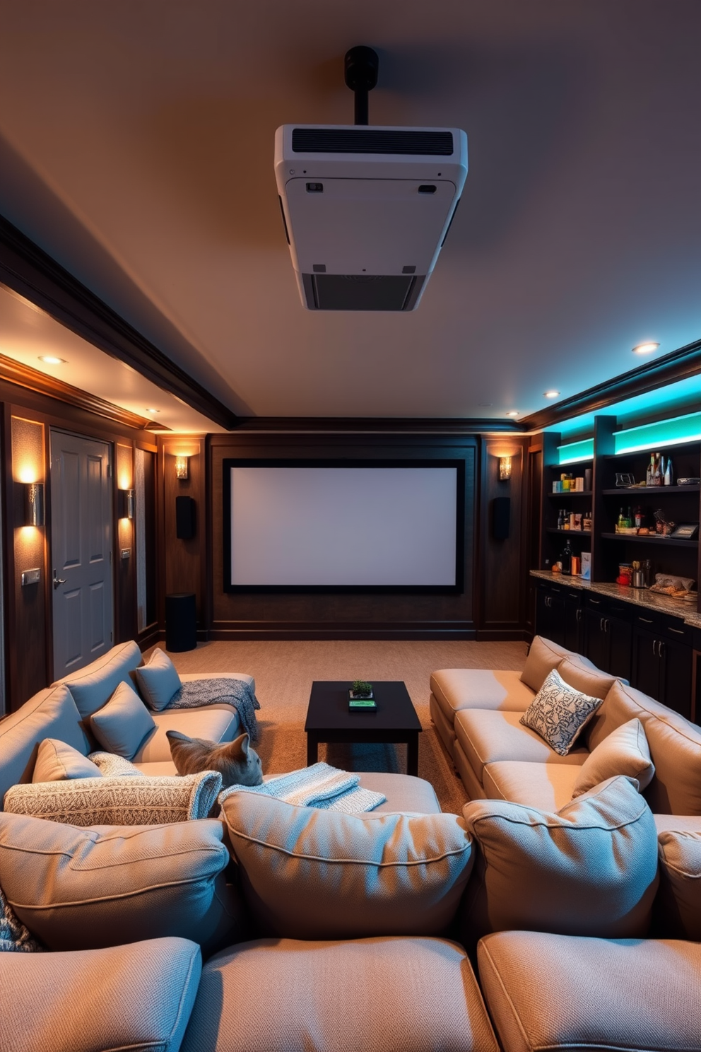 A cozy family movie night space featuring a large projector mounted on the ceiling. Plush sectional sofas are arranged in a semi-circle facing a blank wall, with soft throw blankets and cushions for comfort. The basement design incorporates warm ambient lighting and soundproofing elements for an immersive experience. Dark wood paneling lines the walls, complemented by a stylish bar area stocked with snacks and drinks.