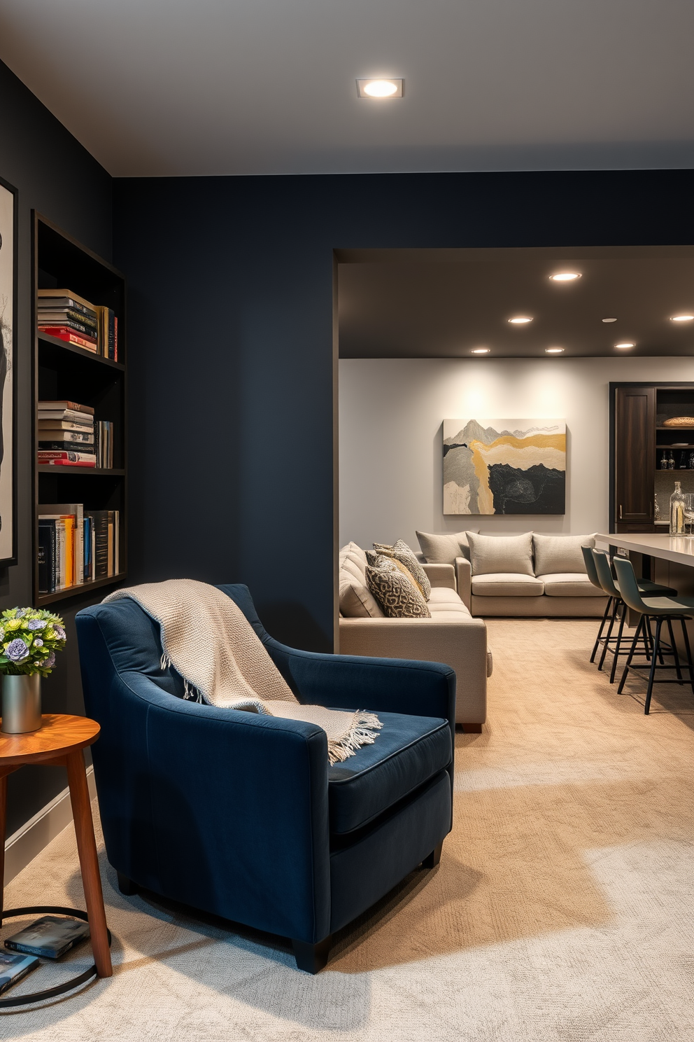 A cozy creative writing nook featuring a plush armchair in a rich navy fabric positioned next to a small wooden side table. The walls are adorned with inspiring artwork and shelves filled with books, while a soft throw blanket drapes over the armchair. A modern long basement design showcasing a spacious lounge area with a sectional sofa in light gray upholstery. The space is illuminated by recessed lighting and features a sleek bar area with stylish stools, creating an inviting atmosphere for entertaining.