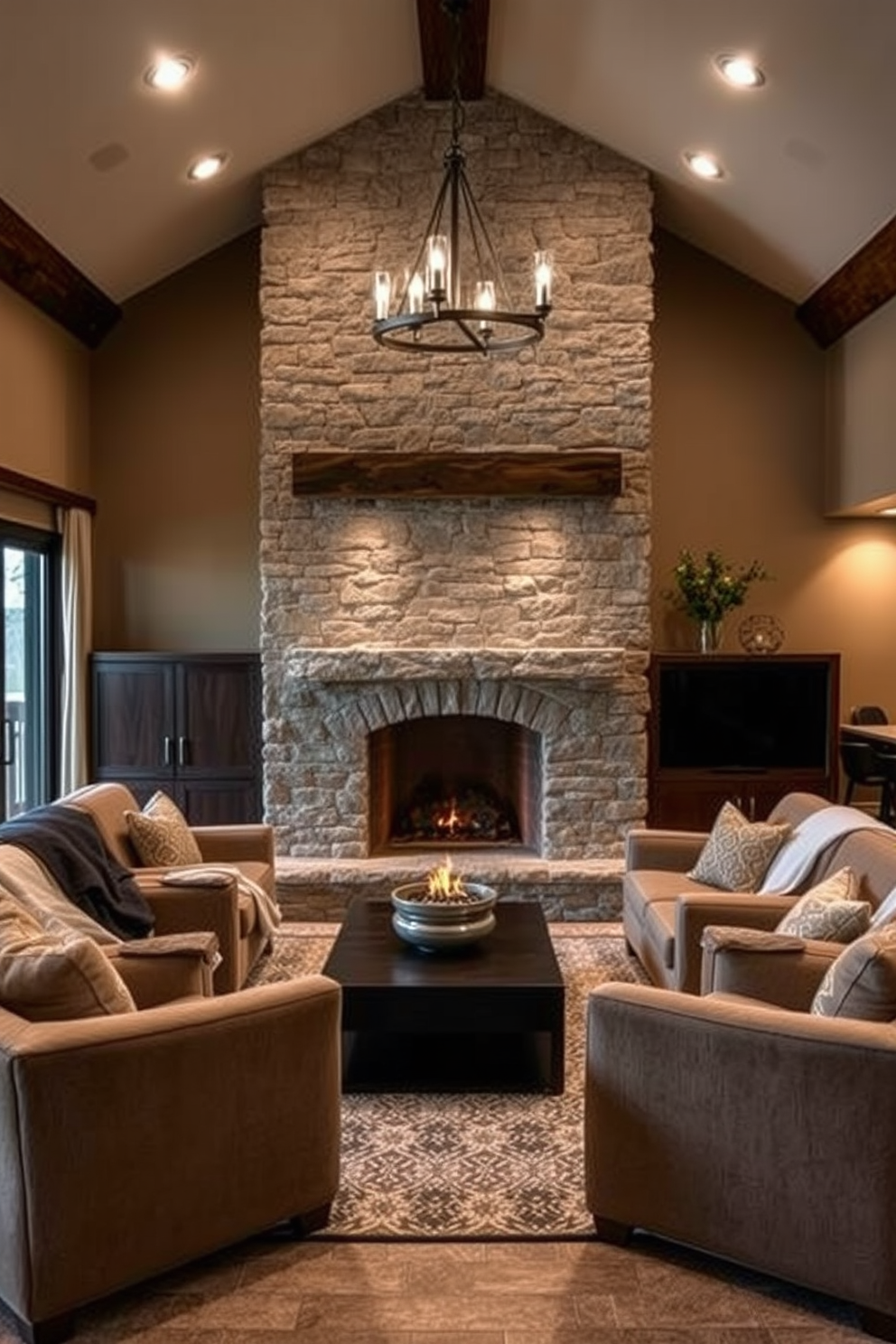 A warm fireplace area designed for cozy gatherings features a large stone fireplace as the focal point. Surrounding the fireplace are plush seating options, including a deep sectional sofa and oversized armchairs, all adorned with soft throw blankets and pillows. Long basement design ideas showcase an open layout that maximizes space and functionality. Incorporate a combination of comfortable lounge areas, a game table, and a wet bar, all illuminated by strategically placed recessed lighting and stylish pendant fixtures.