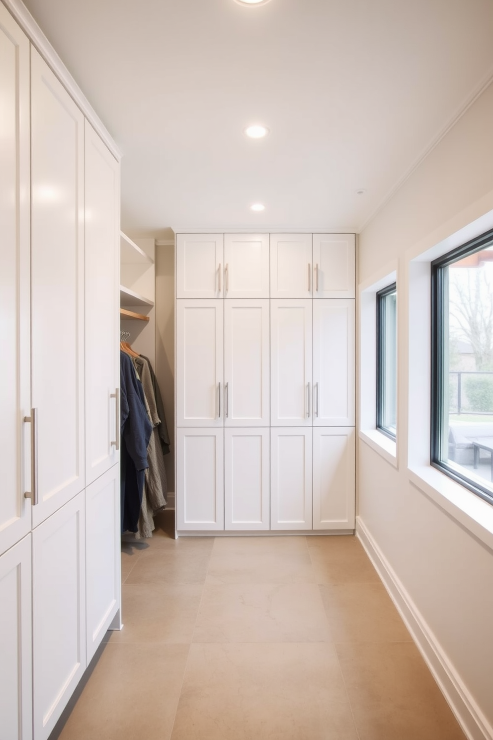 A functional storage room features built-in cabinets that stretch from floor to ceiling, providing ample space for organization. The cabinets are painted in a soft white finish, complemented by brushed nickel handles for a modern touch. The long basement design is characterized by an open layout that maximizes space and light. Large windows along one side allow natural light to flood in, creating a welcoming atmosphere in the otherwise utilitarian area.