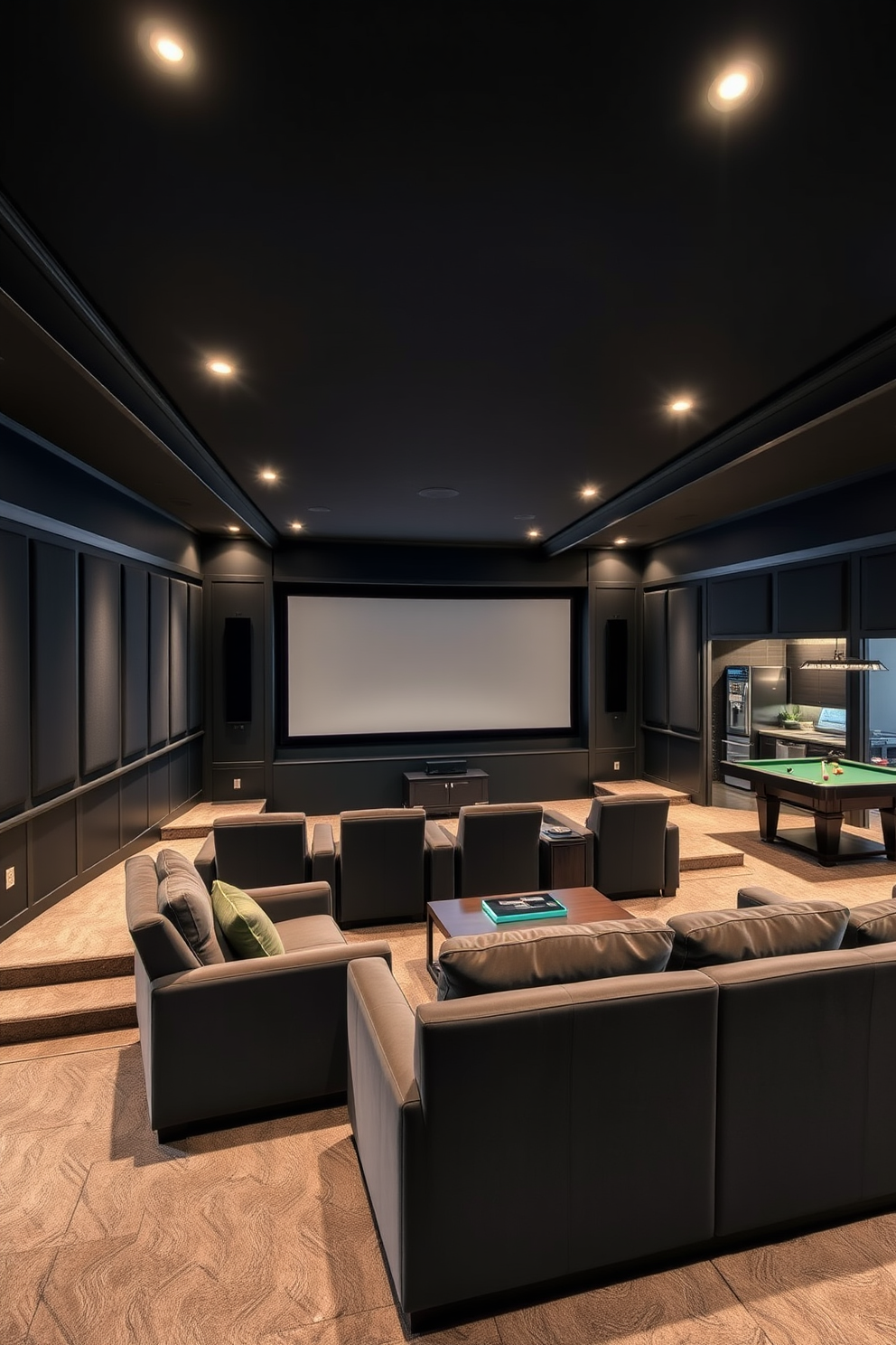 A luxurious home theater featuring plush velvet seating arranged in a tiered layout for optimal viewing. The walls are adorned with dark acoustic panels, and a large screen dominates the front wall, complemented by soft ambient lighting. An inviting basement design that incorporates a cozy lounge area with a stylish sectional sofa and a sleek coffee table. The space includes a small kitchenette with modern appliances and a game area with a pool table, all illuminated by warm recessed lighting.