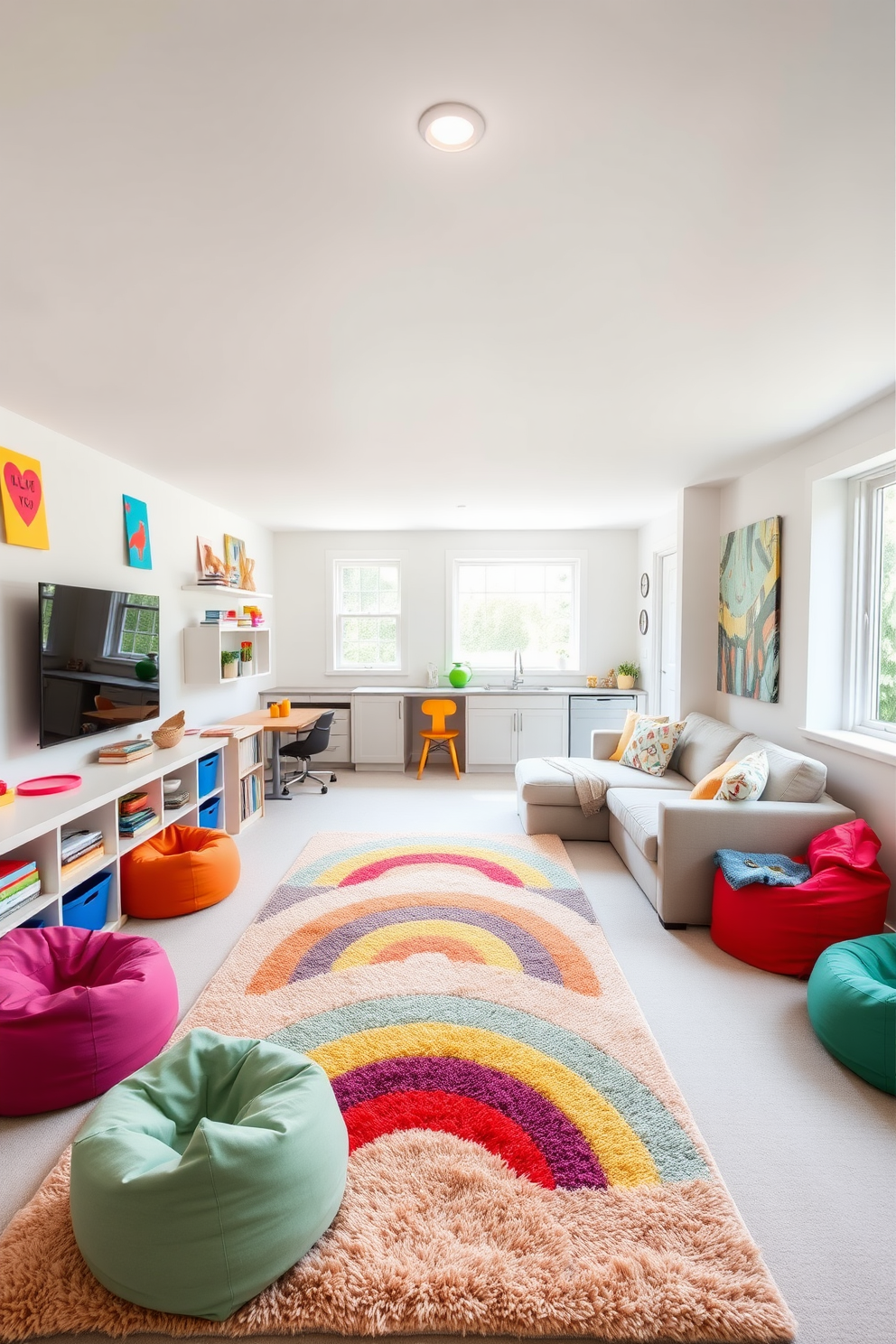 Bright playroom with colorful decor accents. The walls are painted in a soft white, creating a vibrant backdrop for playful artwork and bright furniture. A large, plush area rug in a rainbow pattern covers the floor, providing a cozy space for kids to play. Shelves filled with toys and books are arranged neatly, while bean bags in various colors invite relaxation and fun. Long basement design ideas. The space features a light gray color palette, enhancing the feeling of openness and brightness. A cozy seating area with a sectional sofa faces a modern entertainment center, while a small kitchenette offers convenience for snacks and drinks. Large windows allow natural light to flood in, creating an inviting atmosphere for gatherings and leisure activities.