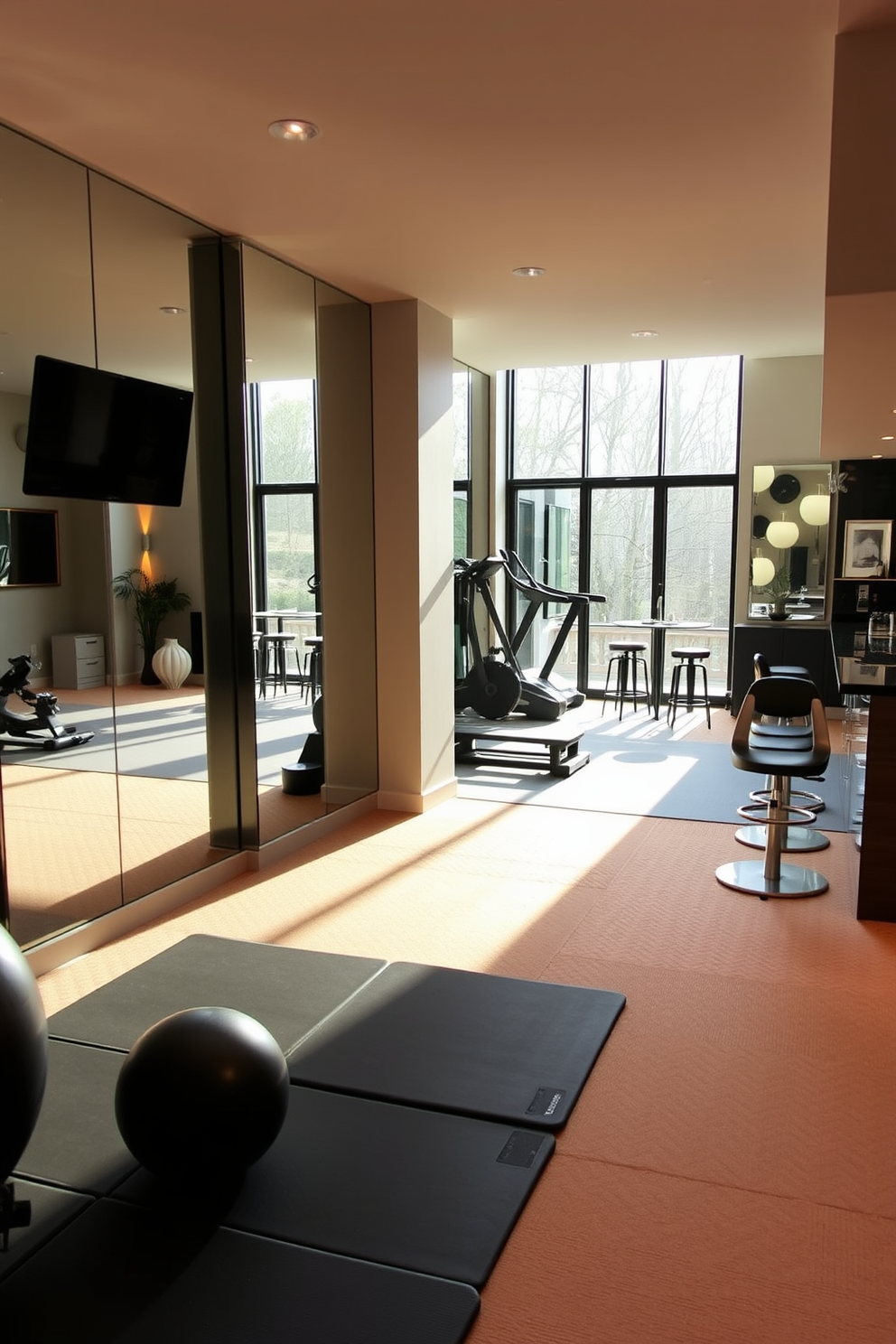 A modern home gym featuring mirrored walls that reflect the natural light pouring in from large windows. The floor is covered in soft mats for comfort, and there are various exercise equipment pieces neatly arranged for functionality. A stylish basement designed for relaxation and entertainment. The space includes a cozy seating area with a plush sectional sofa, a sleek bar with high stools, and ambient lighting that creates a warm atmosphere.