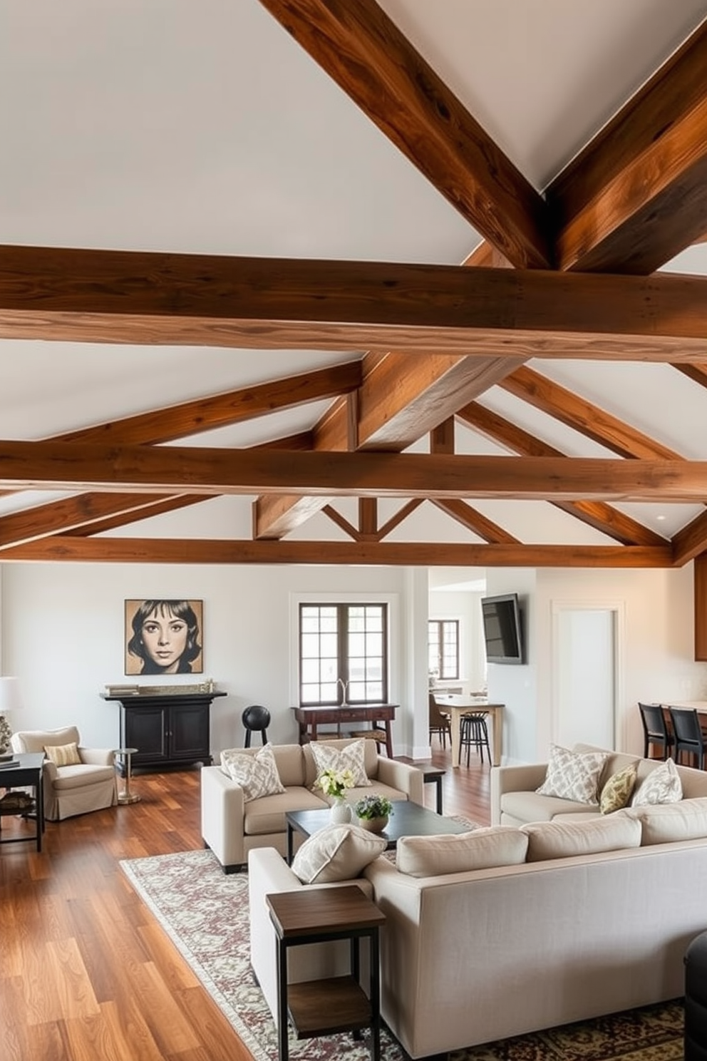 A rustic farmhouse style living room features exposed wooden beams that stretch across the ceiling, adding warmth and character to the space. The walls are painted in a soft white, complementing the rich tones of the hardwood floor and the cozy furniture arranged for comfort and relaxation. For long basement design ideas, envision a spacious layout that maximizes natural light with large windows and light-colored walls. The design includes a multi-functional area with a comfortable seating arrangement, a sleek bar, and designated spaces for entertainment and relaxation.