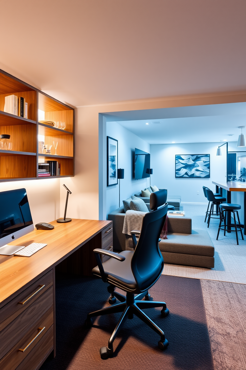 A chic office with an ergonomic furniture setup. The space features a sleek wooden desk paired with a comfortable adjustable chair, surrounded by minimalist shelving and soft ambient lighting. Long basement design ideas that maximize space and functionality. The layout includes a cozy lounge area with plush seating, a modern bar with stylish stools, and a home gym section with ample storage for equipment.