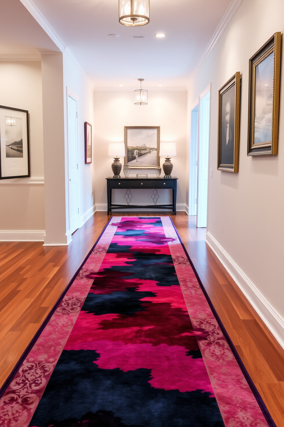 An elegant runner rug stretches along a long foyer, showcasing a vibrant interplay of contrasting colors that draws the eye. The walls are adorned with subtle artwork, and the floor is finished in polished hardwood, enhancing the overall sophistication of the space. At the end of the foyer, a stylish console table is placed against the wall, topped with decorative items that complement the runner rug. Soft lighting fixtures are installed above, casting a warm glow that highlights the beauty of the design.