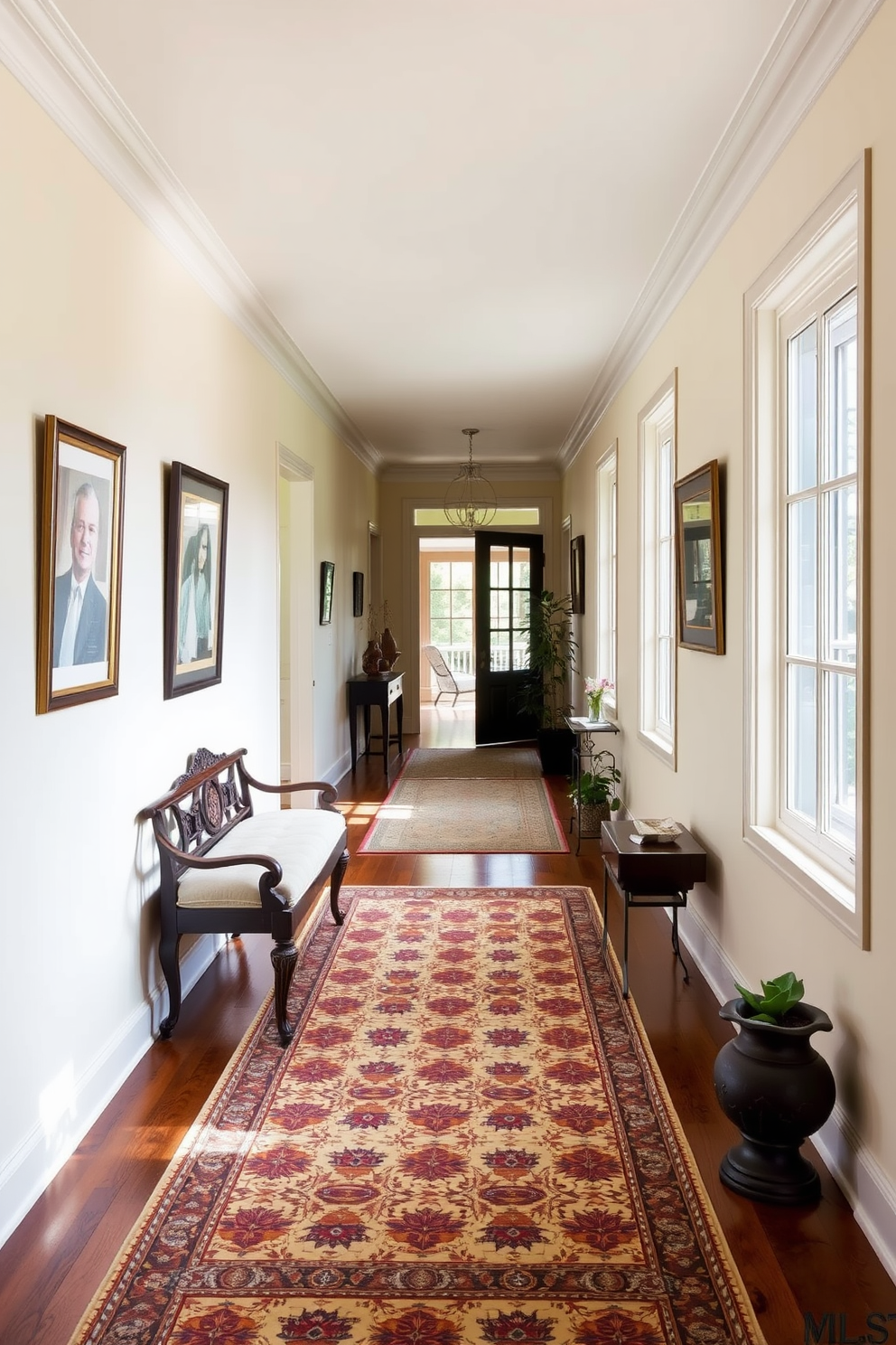 A vintage bench is placed against the wall in the foyer, featuring intricate woodwork and plush upholstery that invites comfort. The floor is adorned with a classic patterned rug, adding warmth and character to the long hallway. The walls are painted in a soft cream color, accentuating the natural light that floods the space through large windows. Decorative elements like framed art and potted plants line the sides, creating a welcoming atmosphere that draws guests in.