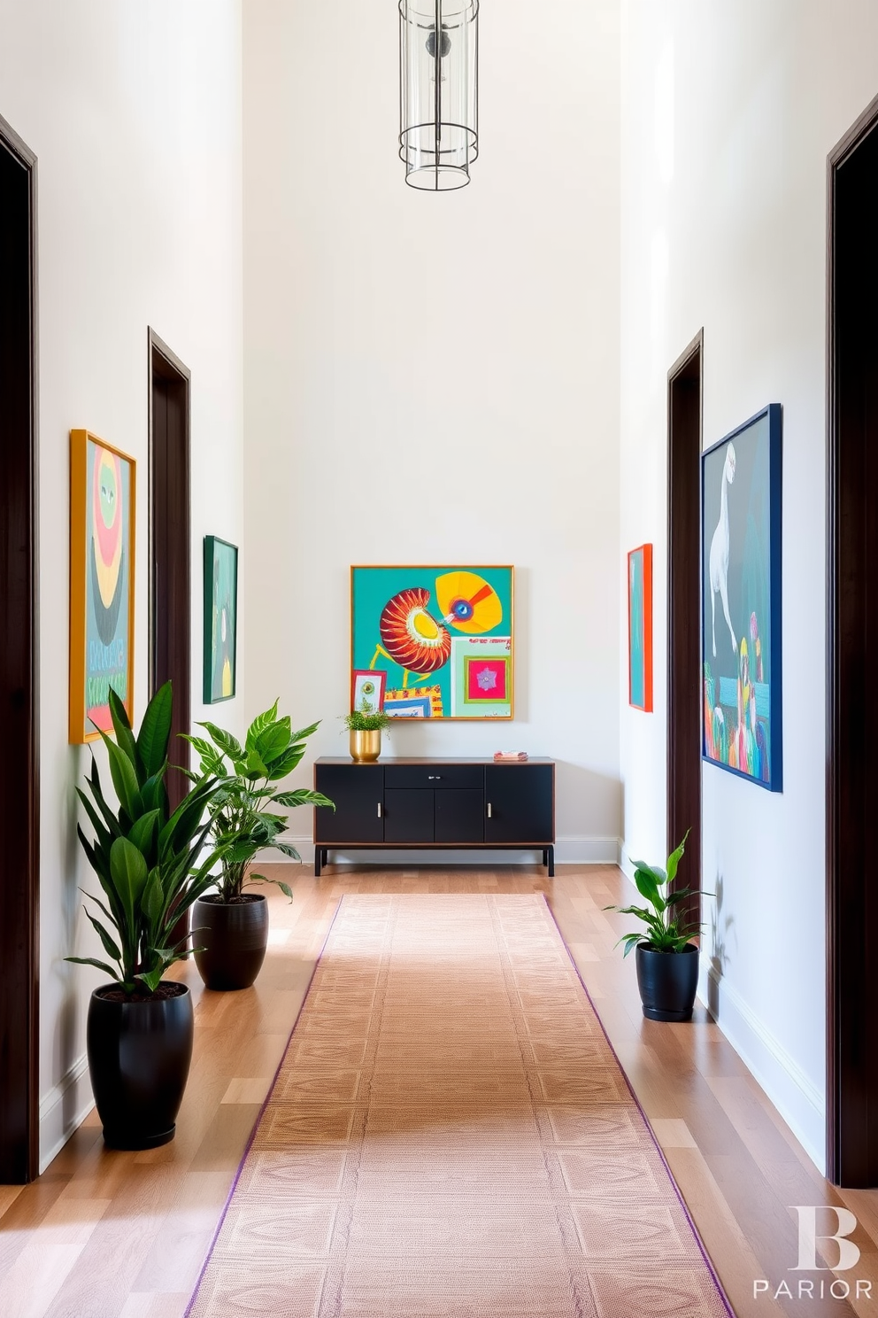 A long foyer with a high ceiling features a sleek console table against the wall. Colorful artwork in vibrant frames adorns the walls, creating a lively entrance that welcomes guests. The floor is covered with a stylish runner that adds warmth and texture. Potted plants are placed strategically to enhance the inviting atmosphere of the space.