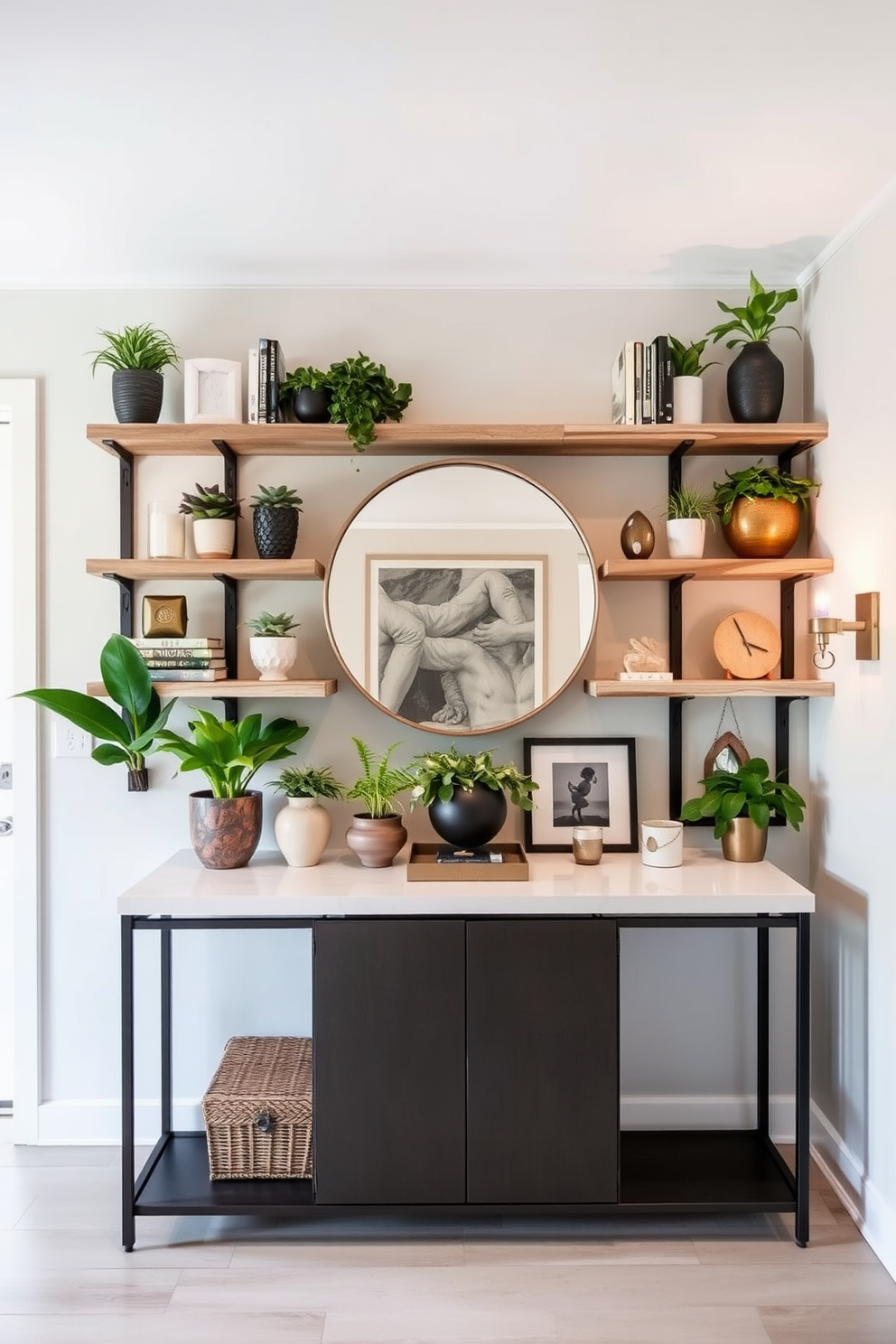 Open shelving for decorative displays. The shelves are made of reclaimed wood and are adorned with an assortment of potted plants, books, and unique art pieces. Long foyer design ideas. The foyer features a sleek console table with a large round mirror above it, flanked by stylish sconces that provide warm ambient lighting.