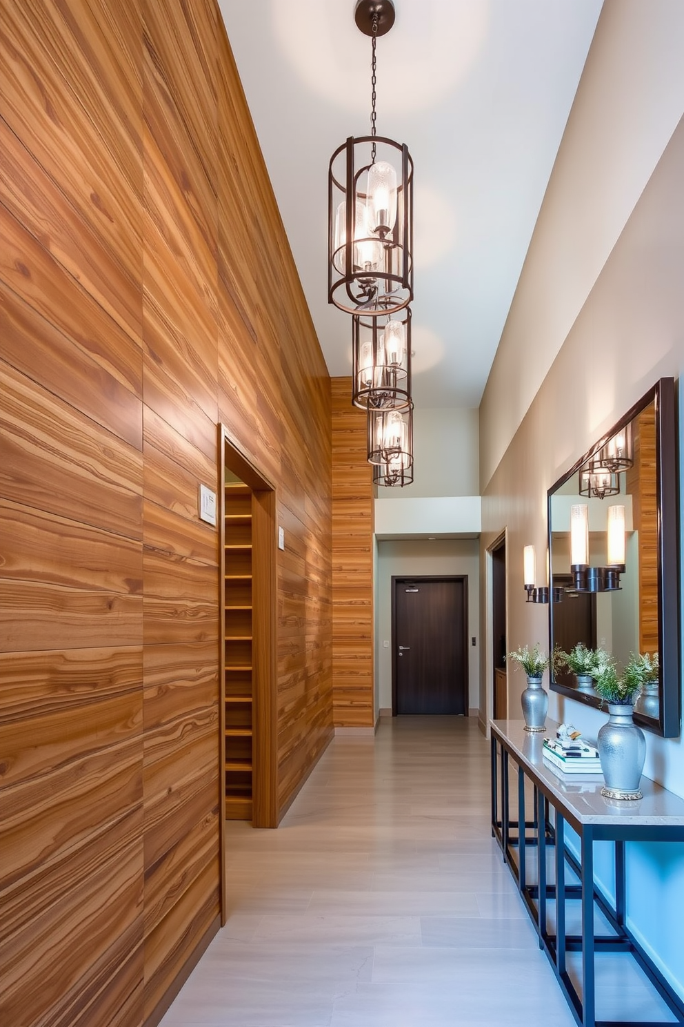 Textured wall panels create a striking visual interest in the foyer. The panels are made from natural wood with a rich finish, adding warmth and depth to the space. The long foyer features elegant lighting fixtures that hang from the ceiling, illuminating the area beautifully. A console table with decorative accents runs along one side, complemented by a large mirror that enhances the sense of space.