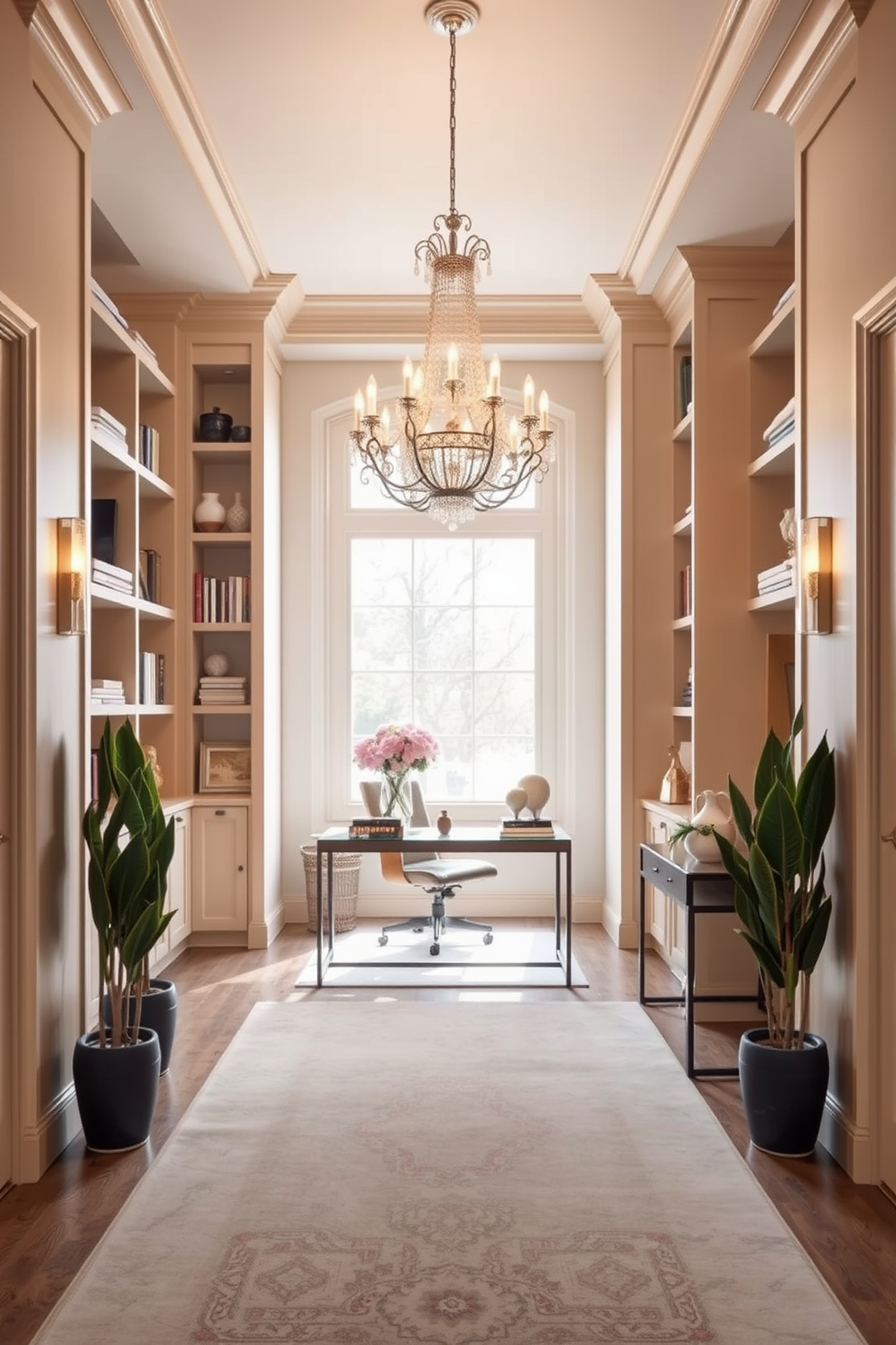 Custom built-ins for functional storage. Imagine a cozy home office featuring elegant custom shelves that blend seamlessly with the walls. The shelves are filled with books and decorative items, while a stylish desk sits beneath a large window, providing natural light. Long foyer design ideas. Visualize a grand entrance with a long foyer that showcases a stunning chandelier hanging from a high ceiling. Flanking the foyer are tall potted plants and a console table adorned with decorative accents, creating an inviting atmosphere.