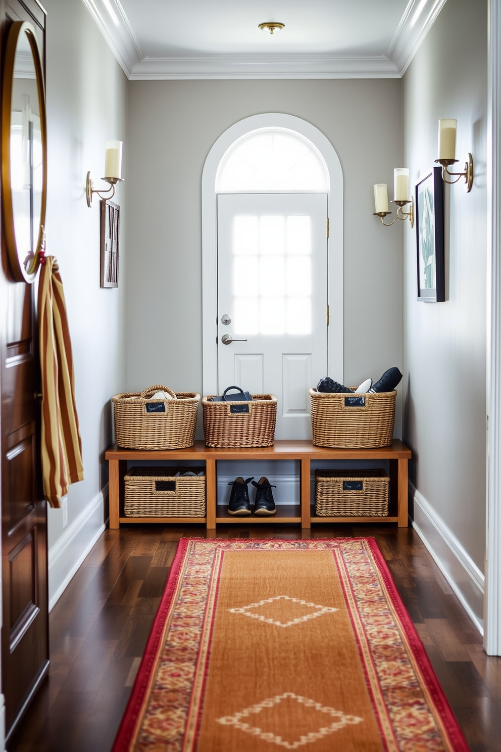 A stylish entryway featuring woven baskets for storage and organization. The baskets are placed on a wooden bench, adding warmth to the space while keeping shoes and accessories neatly tucked away. The long foyer is adorned with a runner rug that adds color and texture. Elegant wall sconces illuminate the space, highlighting artwork and creating an inviting atmosphere.