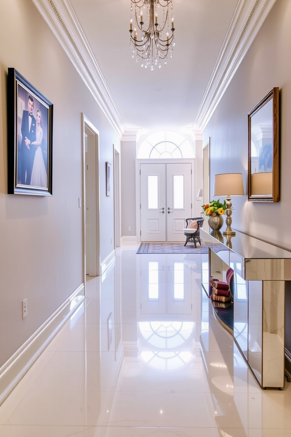 A long foyer features mirrored furniture that reflects light beautifully, creating an inviting and spacious atmosphere. The walls are adorned with elegant artwork, and a stylish console table with a glossy finish sits against one side, enhancing the overall brightness of the space.