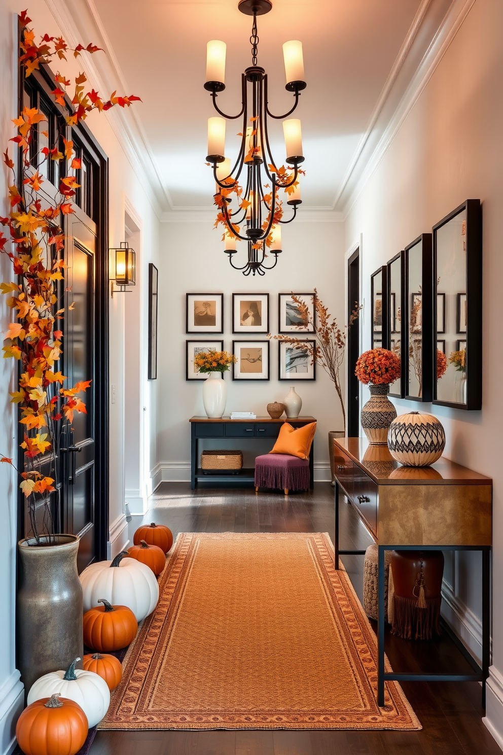 Seasonal decor for a fresh look. Imagine a welcoming entryway adorned with vibrant autumn leaves and pumpkins, complemented by cozy throw blankets and decorative pillows in warm tones. Long foyer design ideas. Picture a spacious foyer with elegant lighting fixtures, a long console table adorned with stylish decor, and a gallery wall featuring framed artwork that draws the eye down the hallway.