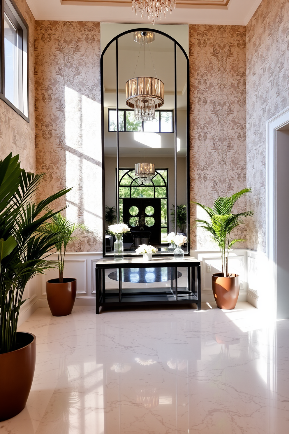 A spacious foyer featuring a large mirror that reflects natural light, creating an inviting atmosphere. The walls are adorned with elegant wallpaper, and a stylish console table is positioned beneath the mirror. The floor is covered in polished marble tiles, adding a touch of luxury to the design. Flanking the entrance are tall potted plants that bring a sense of greenery and warmth to the space.