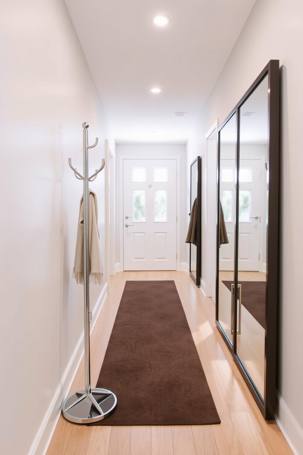 A sleek coat rack stands elegantly against the wall, crafted from polished metal with a minimalist design. It features multiple hooks for convenient storage, ensuring a tidy entryway. The foyer is designed with a long, narrow layout, showcasing a stylish runner rug that complements the color scheme. Large mirrors are placed strategically to enhance the sense of space and light.