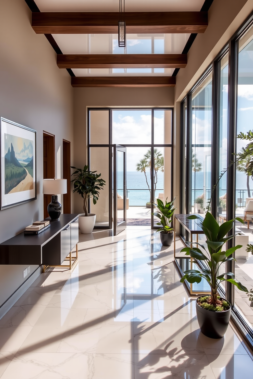 A long foyer with glass doors that open to a stunning outdoor view, allowing natural light to flood the space. The walls are adorned with elegant artwork, and a sleek console table stands against one side, decorated with a stylish lamp and a few decorative items. The flooring features polished marble tiles that reflect the light, enhancing the airy atmosphere. Potted plants are strategically placed to add a touch of greenery and warmth to the entryway.